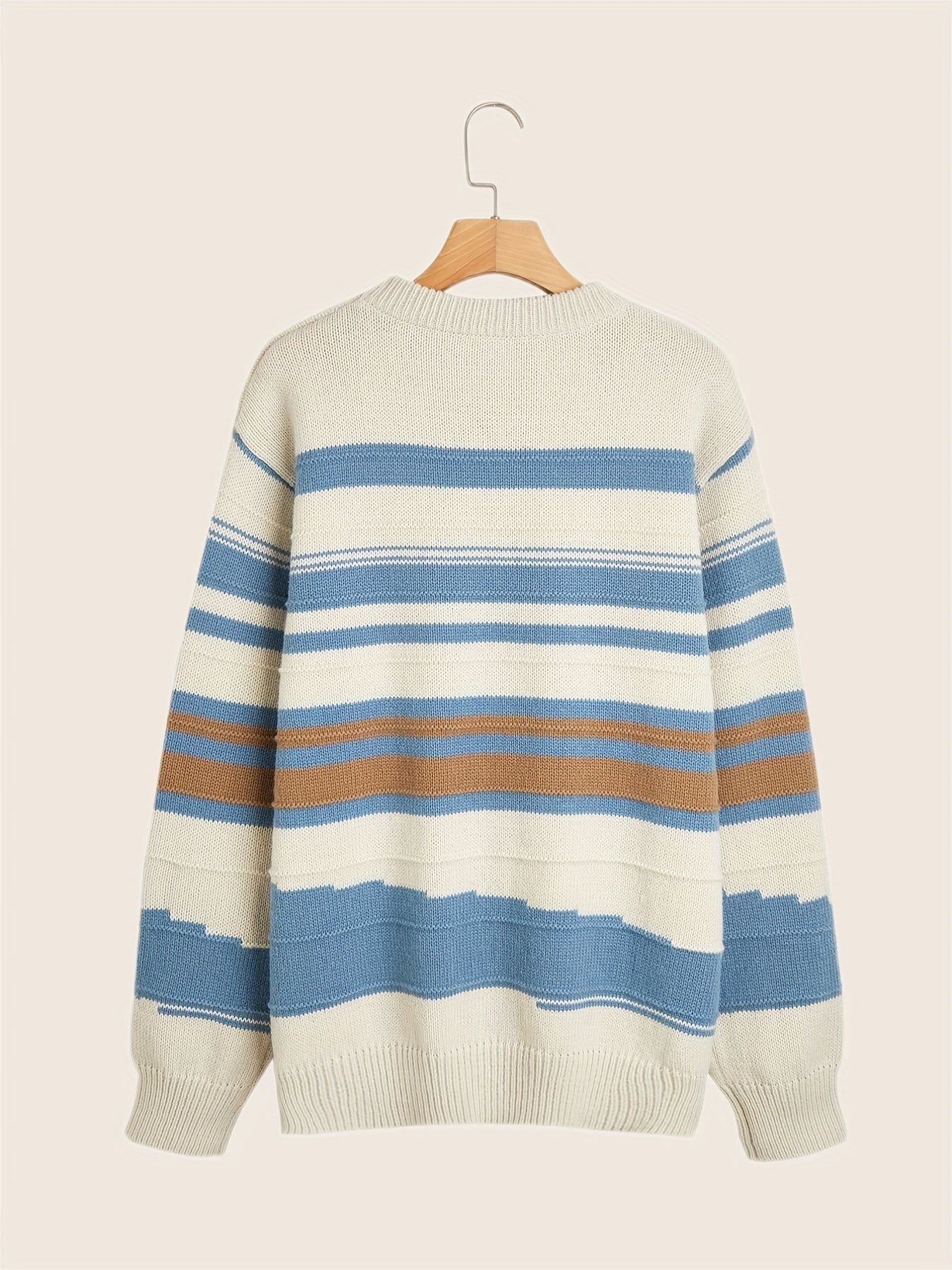 Striped Pattern Chic Sweater, Men's Casual Warm Slightly Stretch Round Neck Pullover Sweater For Fall Winter