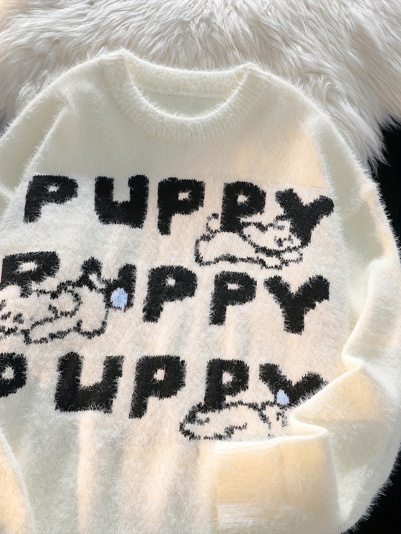 Casual Polyester Knit Sweater with Cartoon Puppy Print - Crew Neck, Medium Stretch, Loose Fit Pullover for Adults - Fall/Winter Season Color Block Alphabet Pattern Jumper