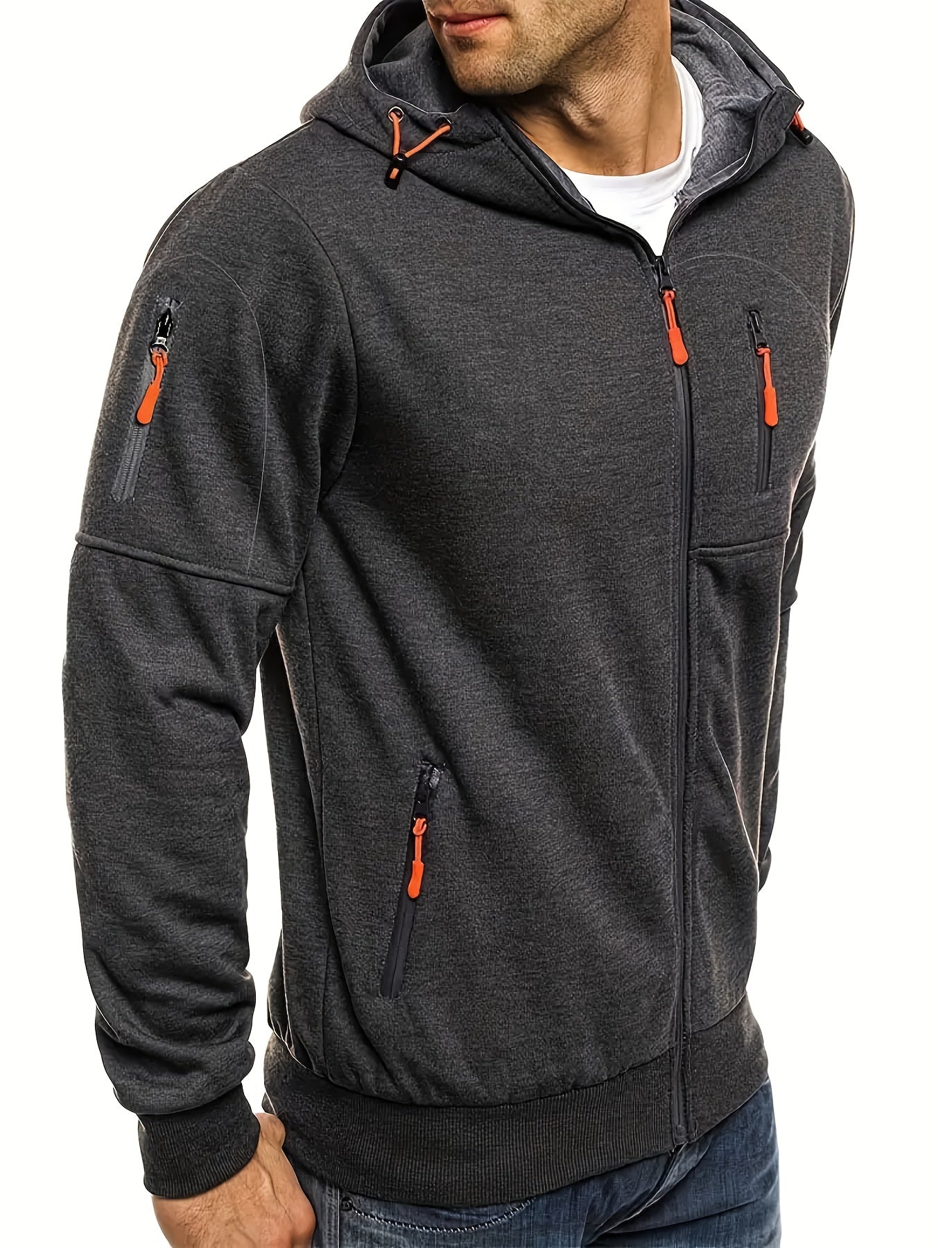 Mens Regular Fit Hooded Long Sleeve Solid Color Polyester Casual Sweatshirt with Zip Up Closure, Pockets, and Slight Stretch for Outdoor Sports