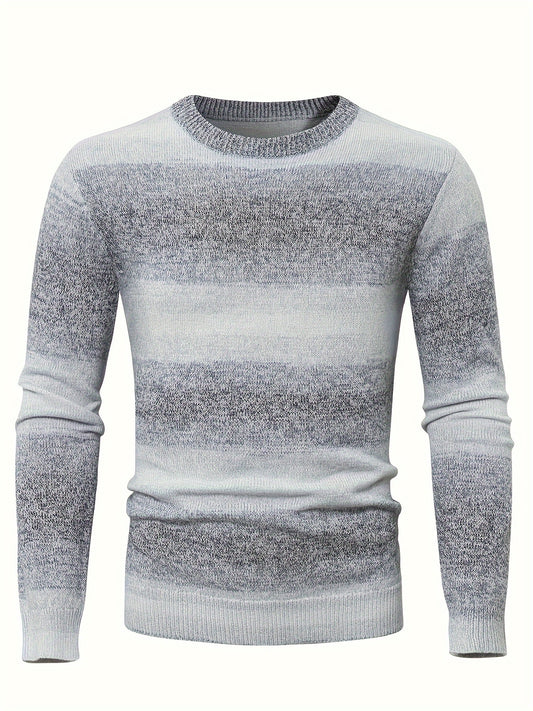 Stylish Gradient Knit Crew Neck Sweater - Soft, Breathable, Long Sleeve, Slim-Fit, Casual, Striped Pattern, Perfect for Fall and Winter Seasons