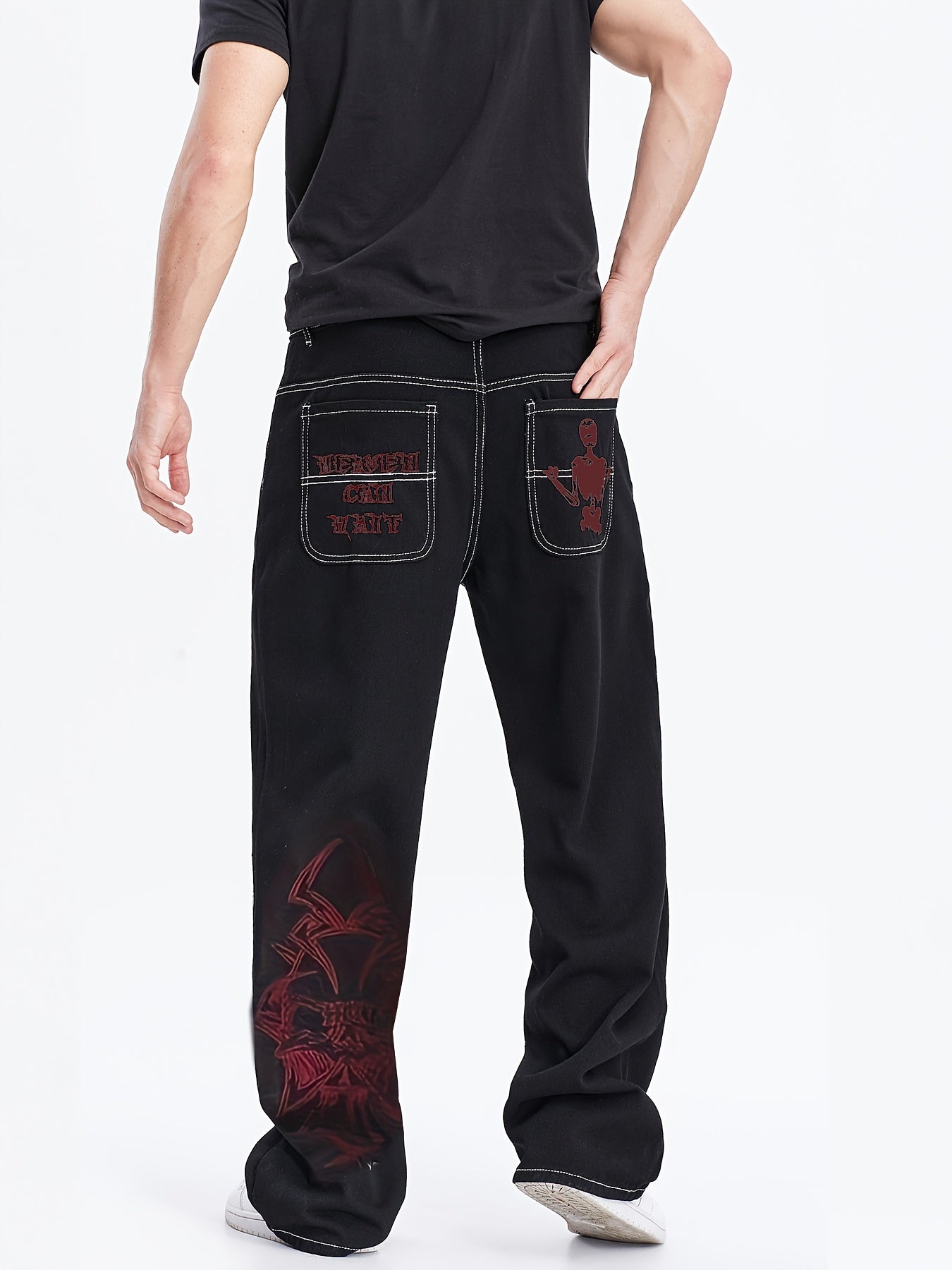 Men's Stylish Wide-Leg Jeans with Embroidered Detail - Loose Fit, Cotton Blend, Machine Washable - Black & Red Contrast