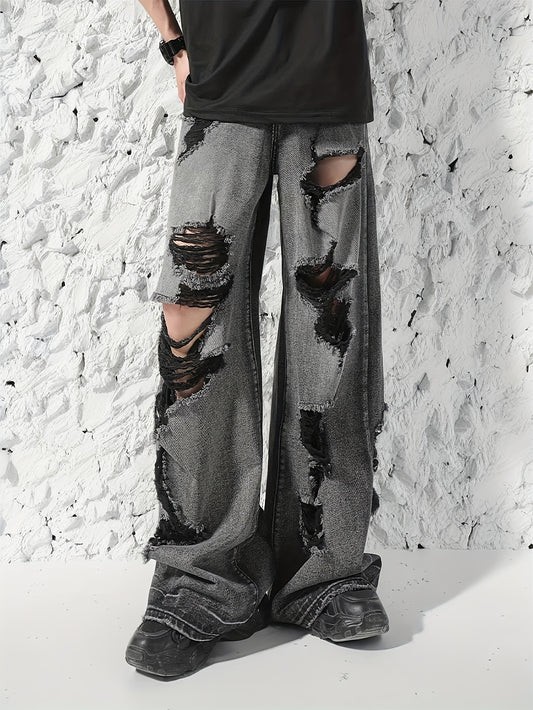 Men's Street Style Wide Leg Ripped Denim Pants, Fashion Jeans, Cotton Trousers For Males