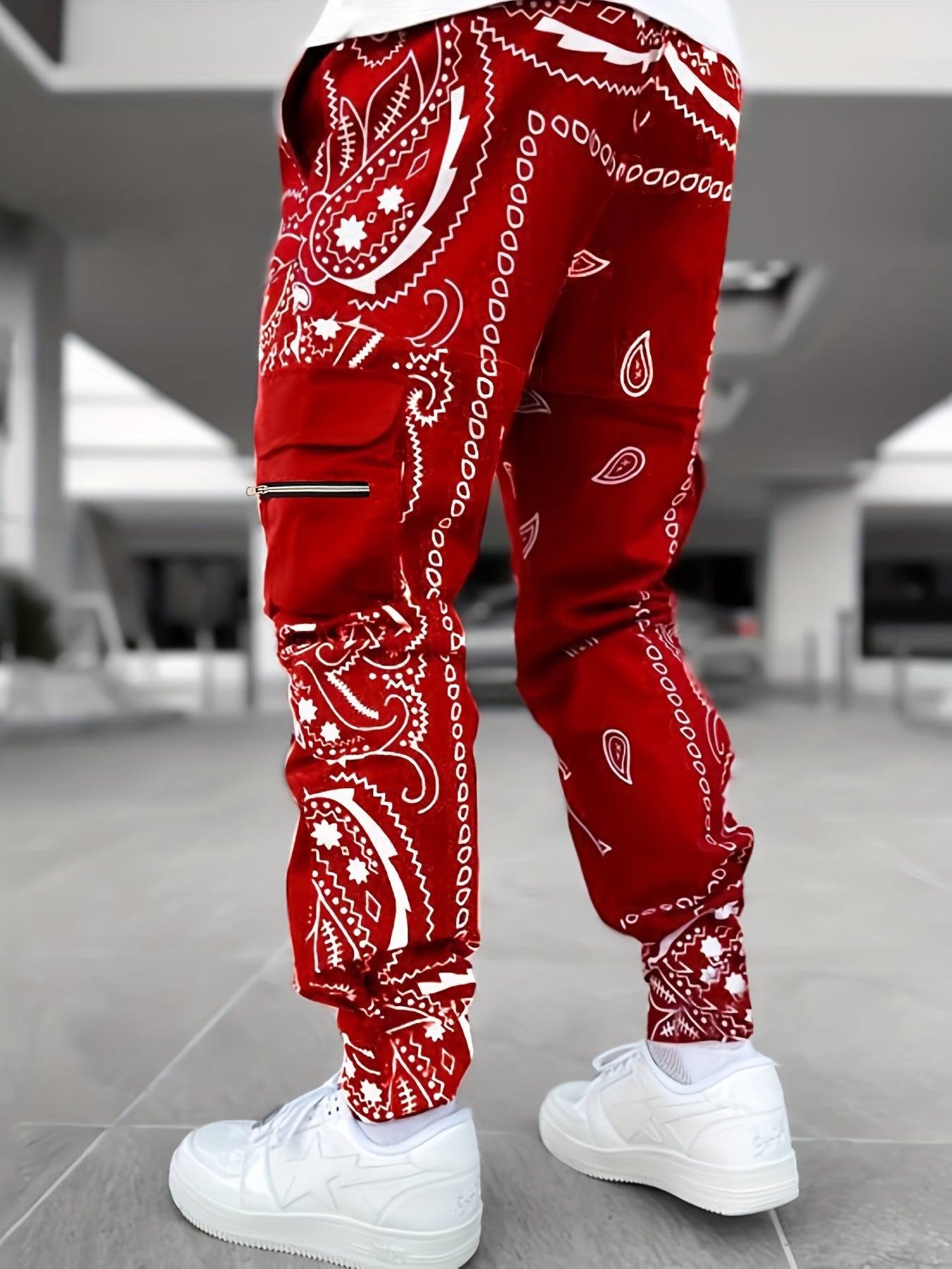 Autumn/Winter Men's Casual Paisley Joggers - Mid Waist, Drawstring, Multi-Pocket Cargo Pants