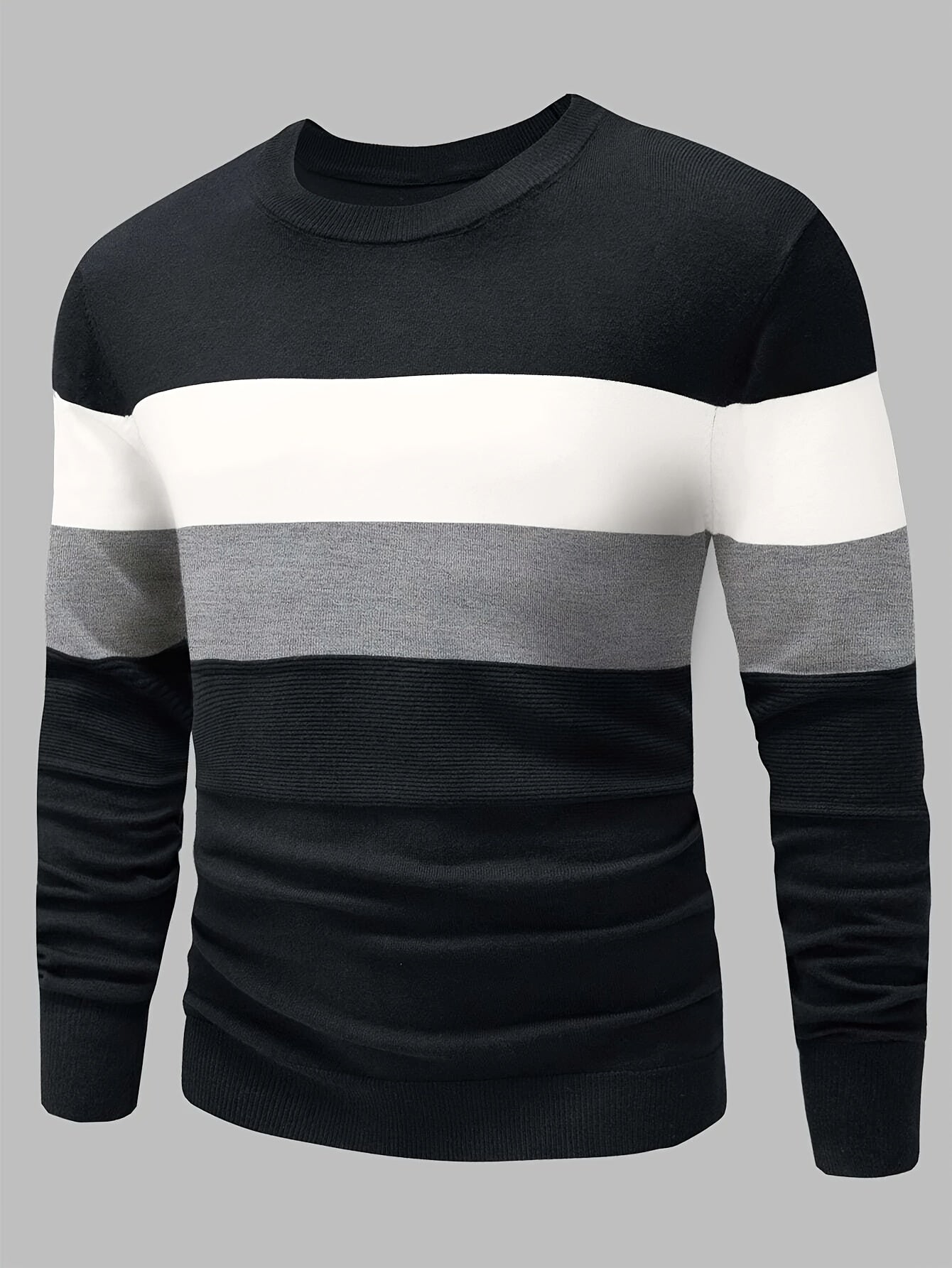 1pc, Men's Color Block Striped Knit Sweater With Crew Neck And Long Sleeves, Casual And Trendy Tops For Autumn And Winter Daily And Casual Wear