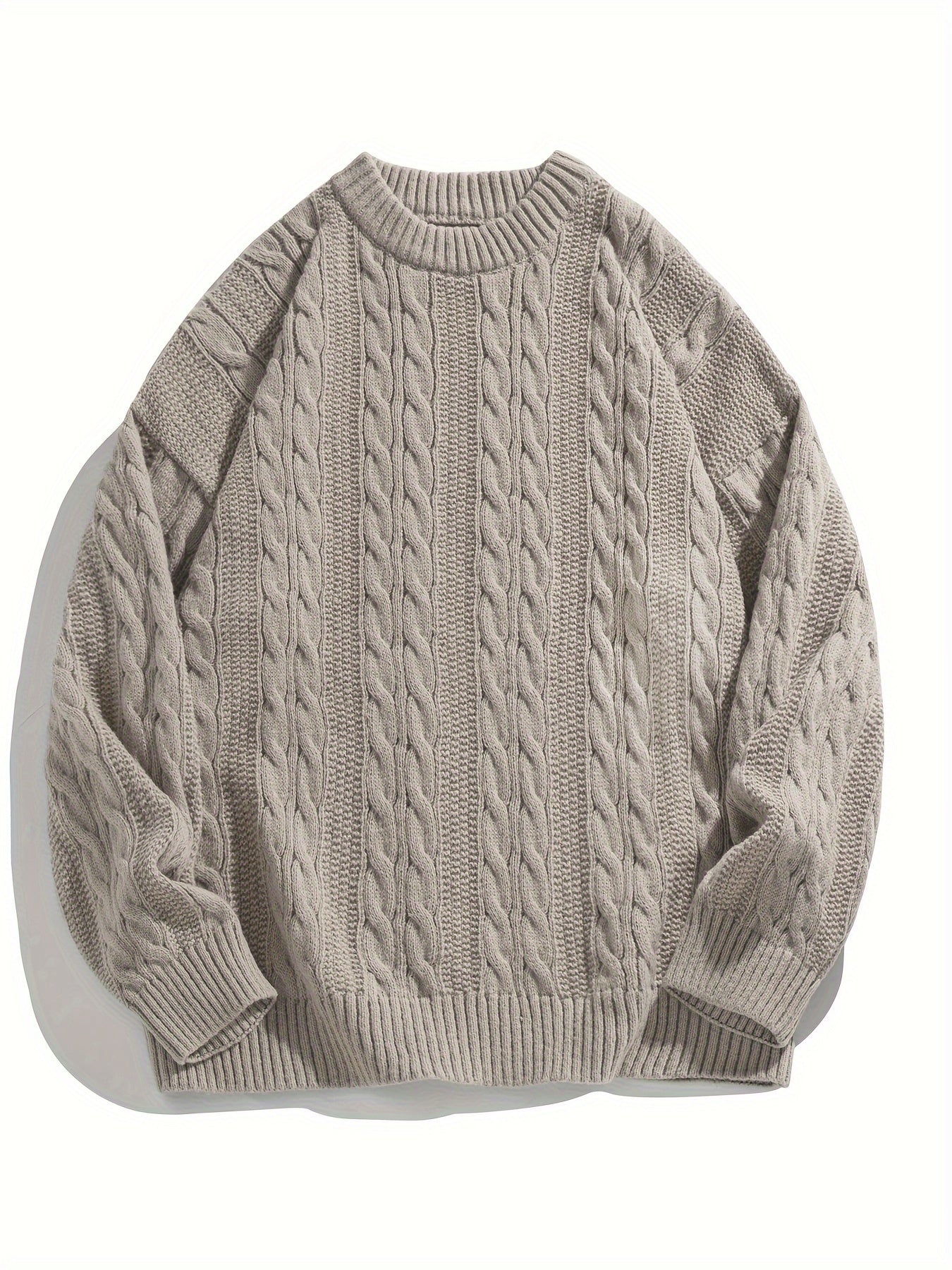 Cozy Men's Loose Fit Solid Color Cable Knit Sweater - Round Neck Pullover for Spring/Fall