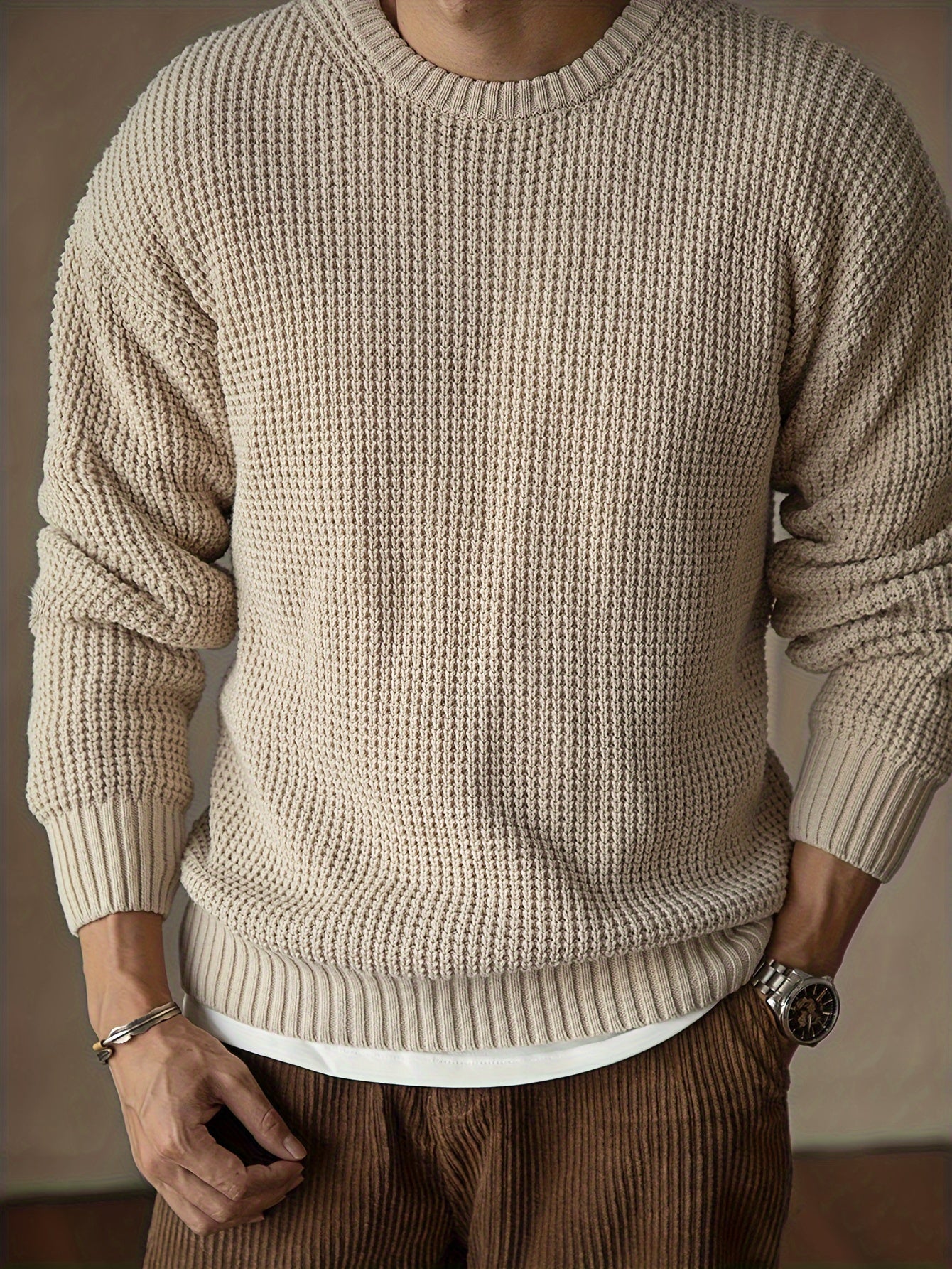 Men's Solid Knitted Pullover, Casual Long Sleeve Crew Neck Sweater For Fall Winter