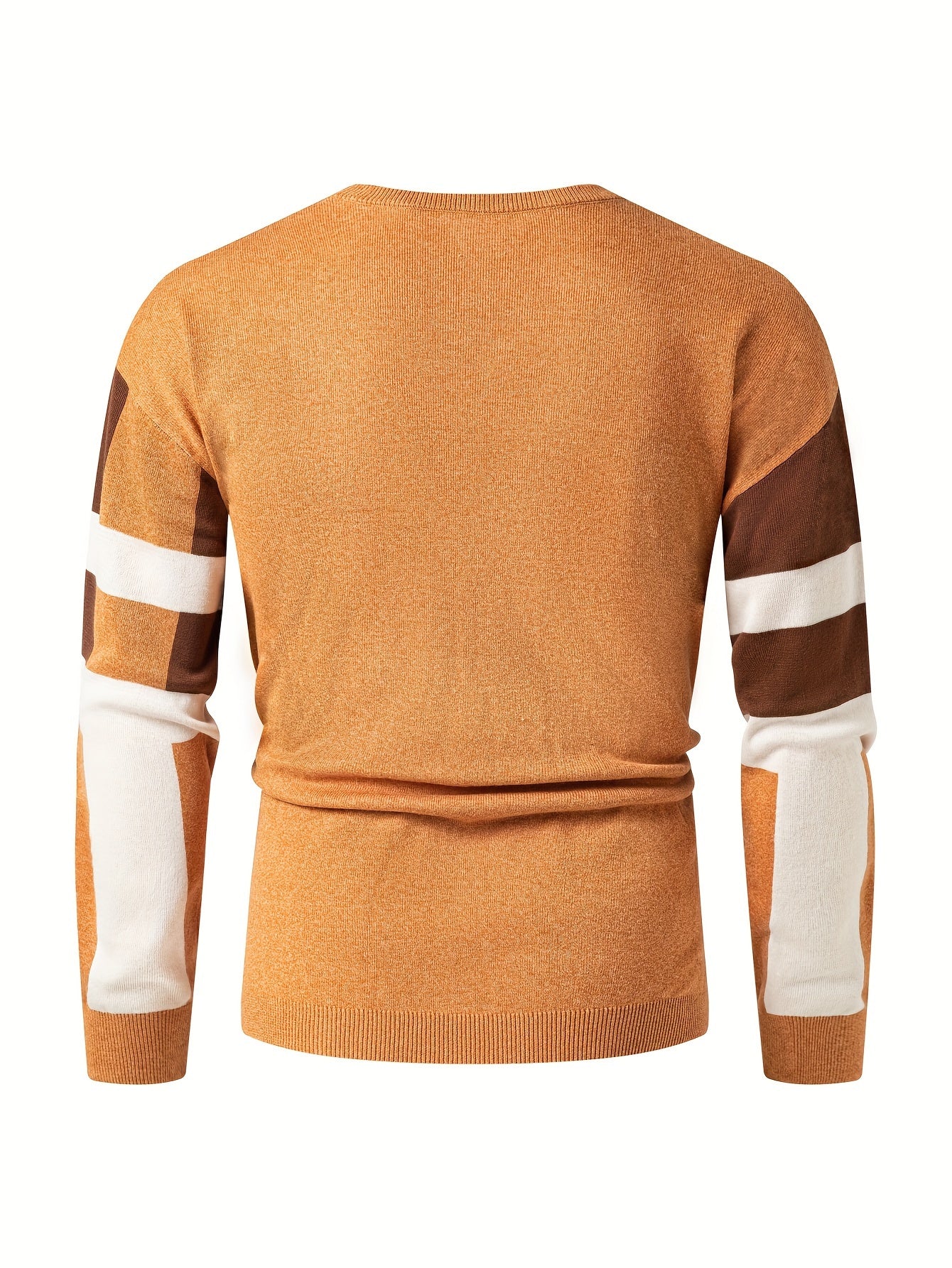 Men's Color Block Round Neck Sweater, Trendy Stretch Warm Pullover For Winter Outdoor