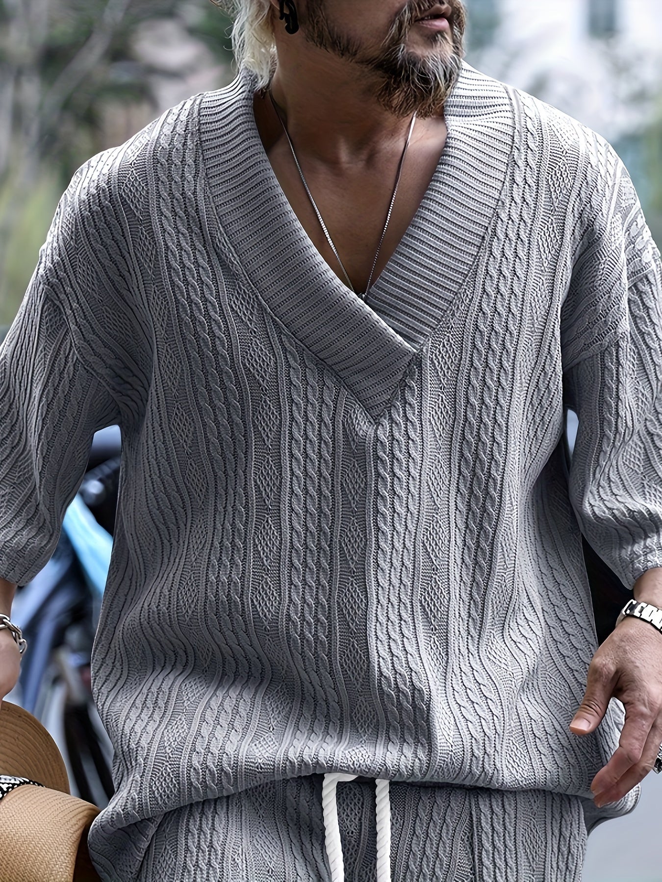 The Latest Casual Loose Fitting Quarter Sleeved Jacquard Knit Shirt From Europe And America, Men's Top, Old Money Style