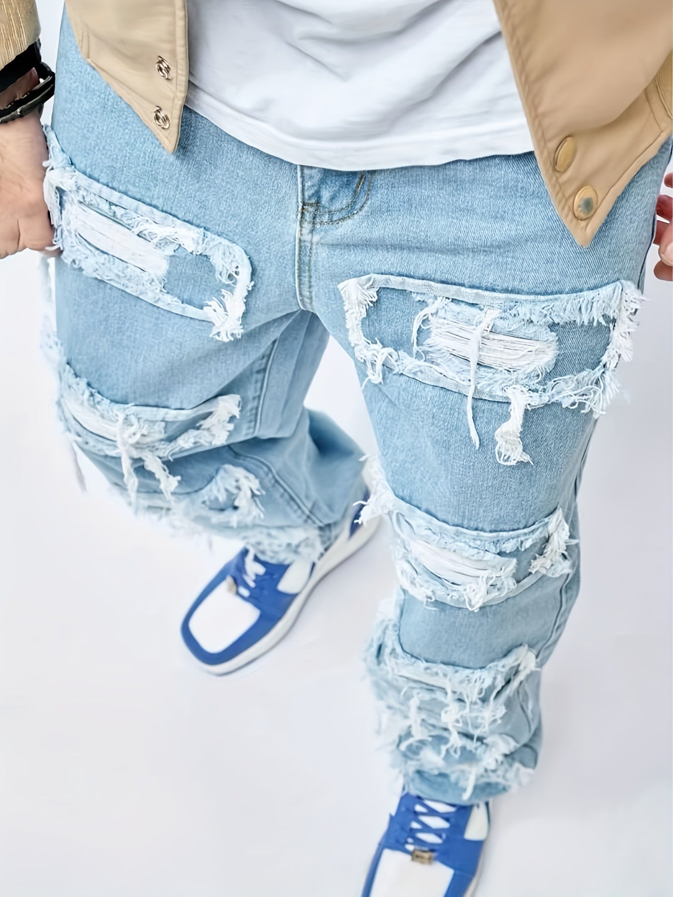 Men's Loose Fit Wide Leg Ripped Jeans, Men's Stylish Comfy Denim Pants, Street Style Fashion