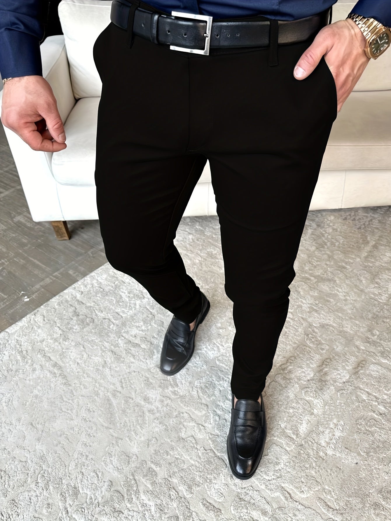 Hundred Foot Solid Color Slim Fit Pencil Pants - Men's Dress Pants for Business Casual Daily Wear - Europe and US Style Fashion, Old Money Inspired, Comfortable and Versatile