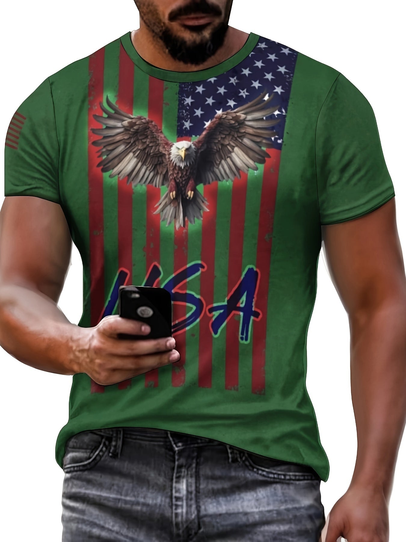 Eagle And Flag Print T-shirt, Men's Casual Street Style Stretch Round Neck Tee Shirt For Summer