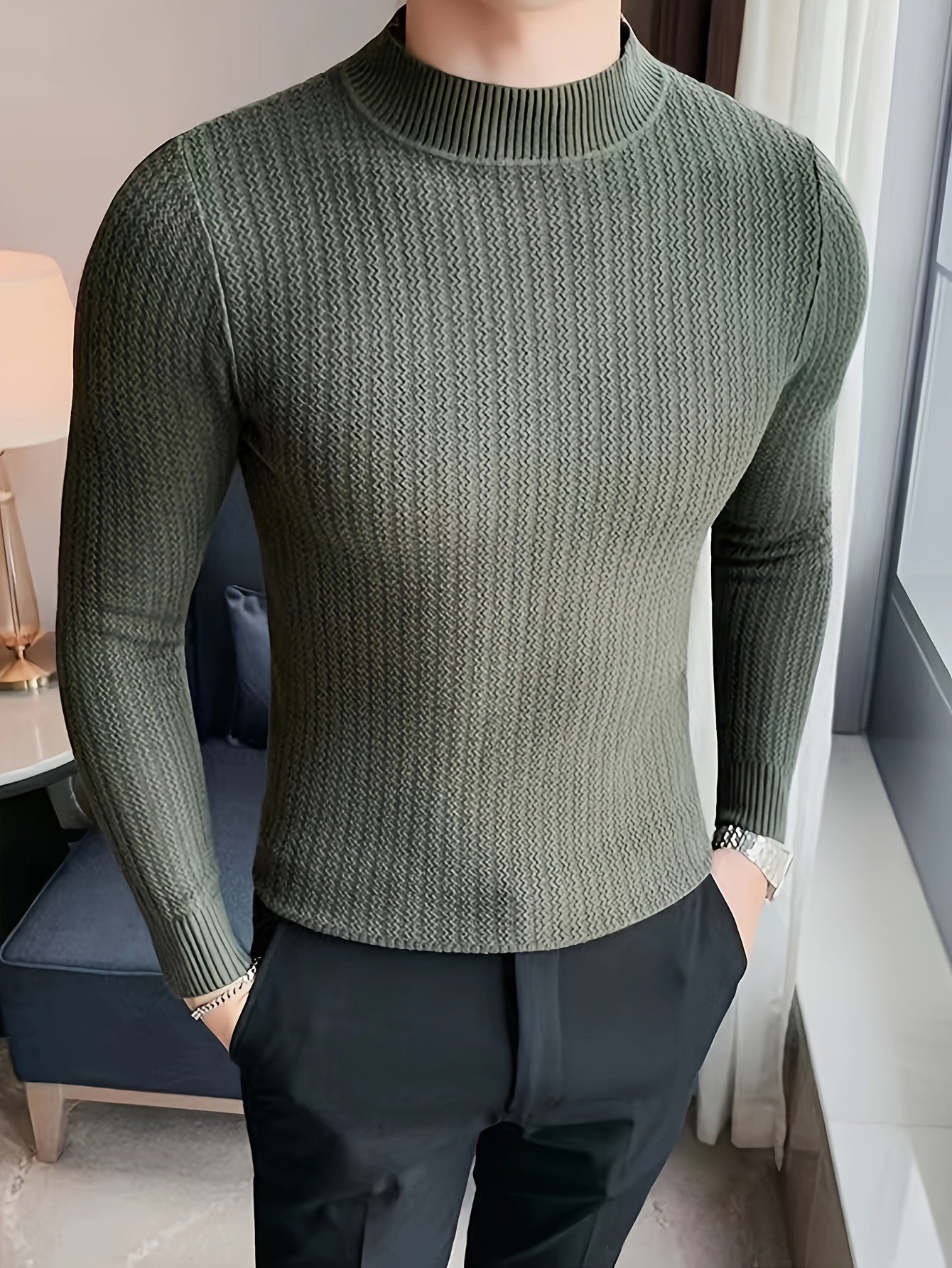 Cozy Solid Knit Pullover Sweater - 100% Cotton, Long Sleeve, Slim-Fit, Stand Collar, Perfect for Fall and Winter Seasons, Soft and Breathable, Classic Style for Casual Wear