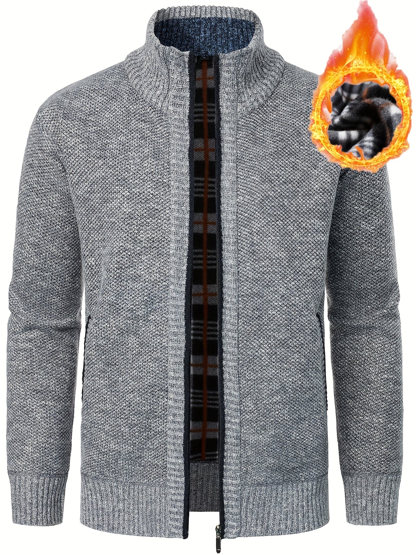 Men's Full Zip Up Casual Cardigan, Patchwork Thermal Regular Fit Knit Sweater