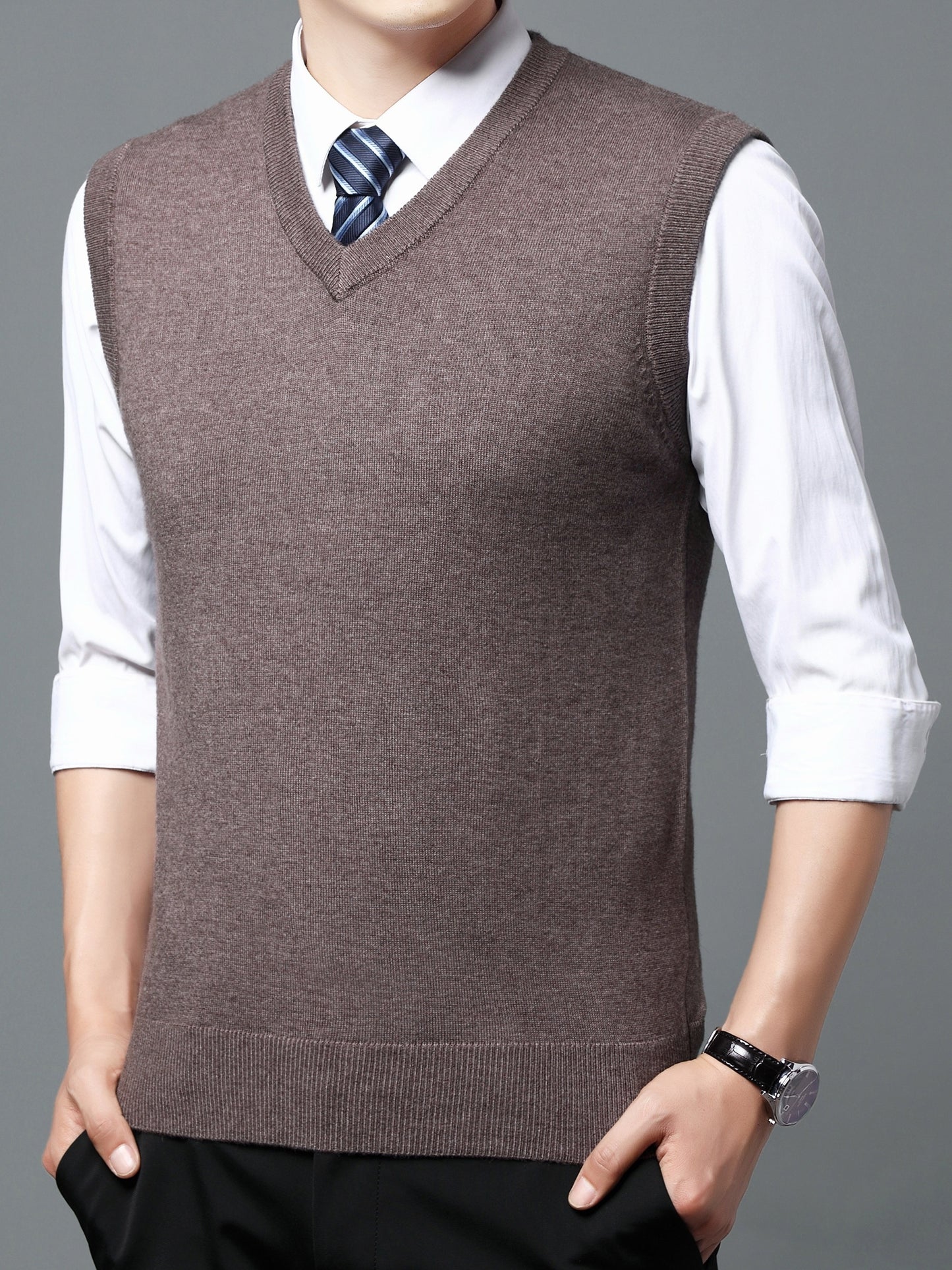 Elegant Slightly Stretch Vest, Men's Casual Vintage Style V Neck Sweater Vest For Fall Winter