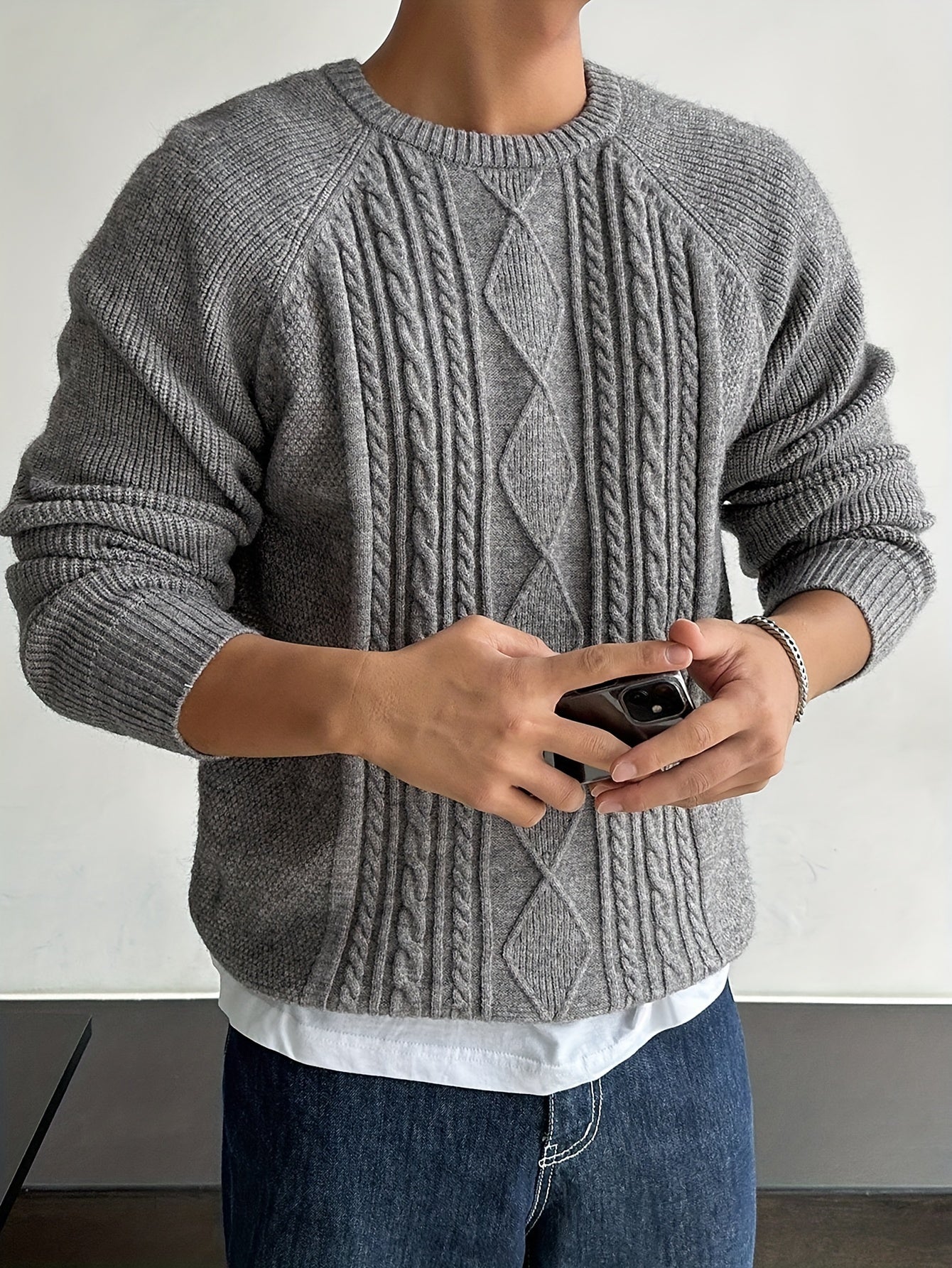 Men's Stylish Solid Color Twist Knit Sweater - Pullovers with Versatile Long Sleeve, Trendy Textured Design, and Cozy Fit for Autumn and Winter - Perfect Gift Idea for Him