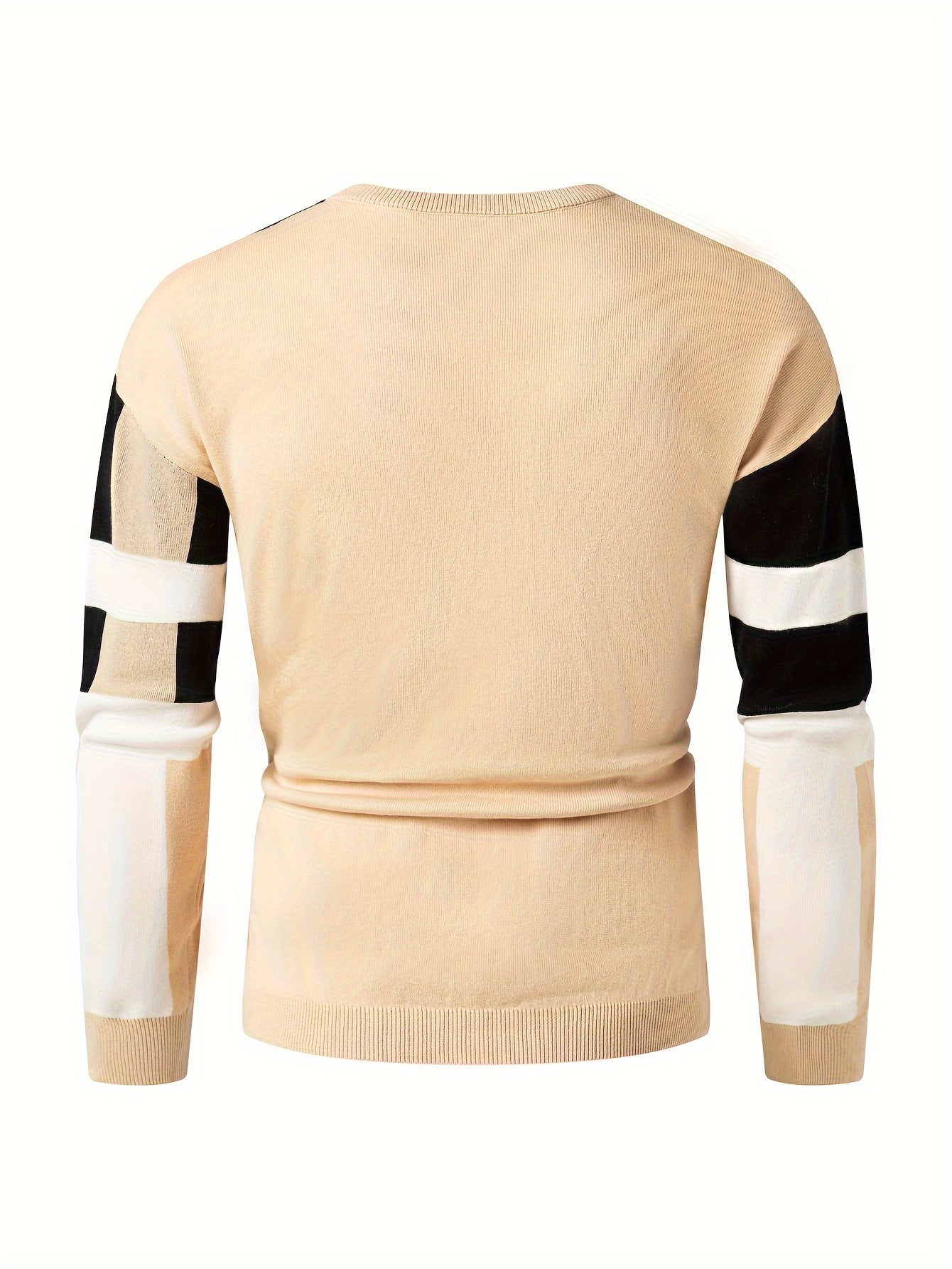 Men's Color Block Round Neck Sweater, Trendy Stretch Warm Pullover For Winter Outdoor