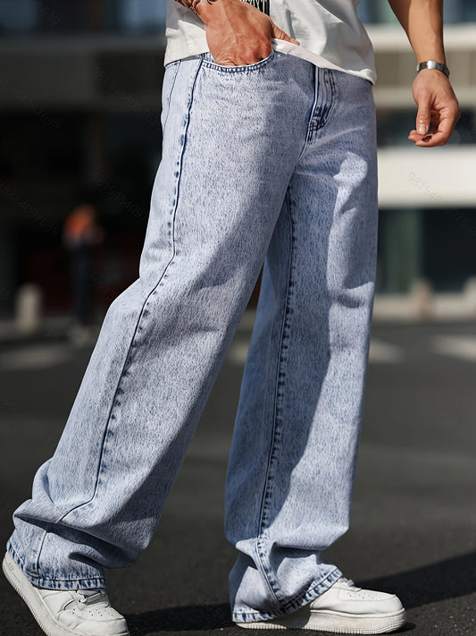 Men's Solid Wide Leg Jeans, Street Style Stylish Causal Denim Pants