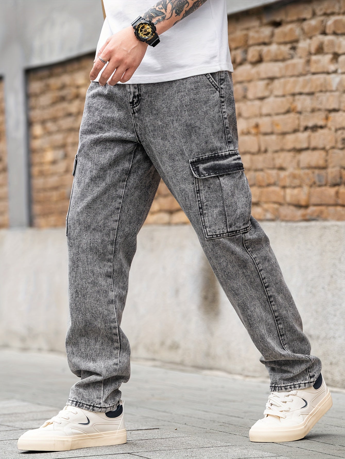 Men's Vintage Style Loose Fit Distressed Cotton Blend Denim Pants For Spring And Fall, Stylish Jeans For Men's Casual And Street Wear