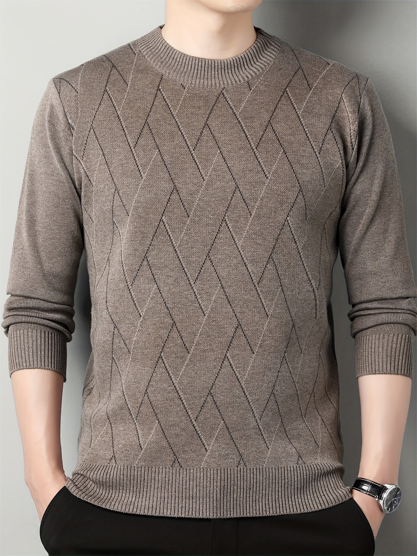 Men's Stylish Geometric Pattern Knitted Pullover, Casual Breathable Long Sleeve Crew Neck Top For City Walk Street Hanging Outdoor Activities