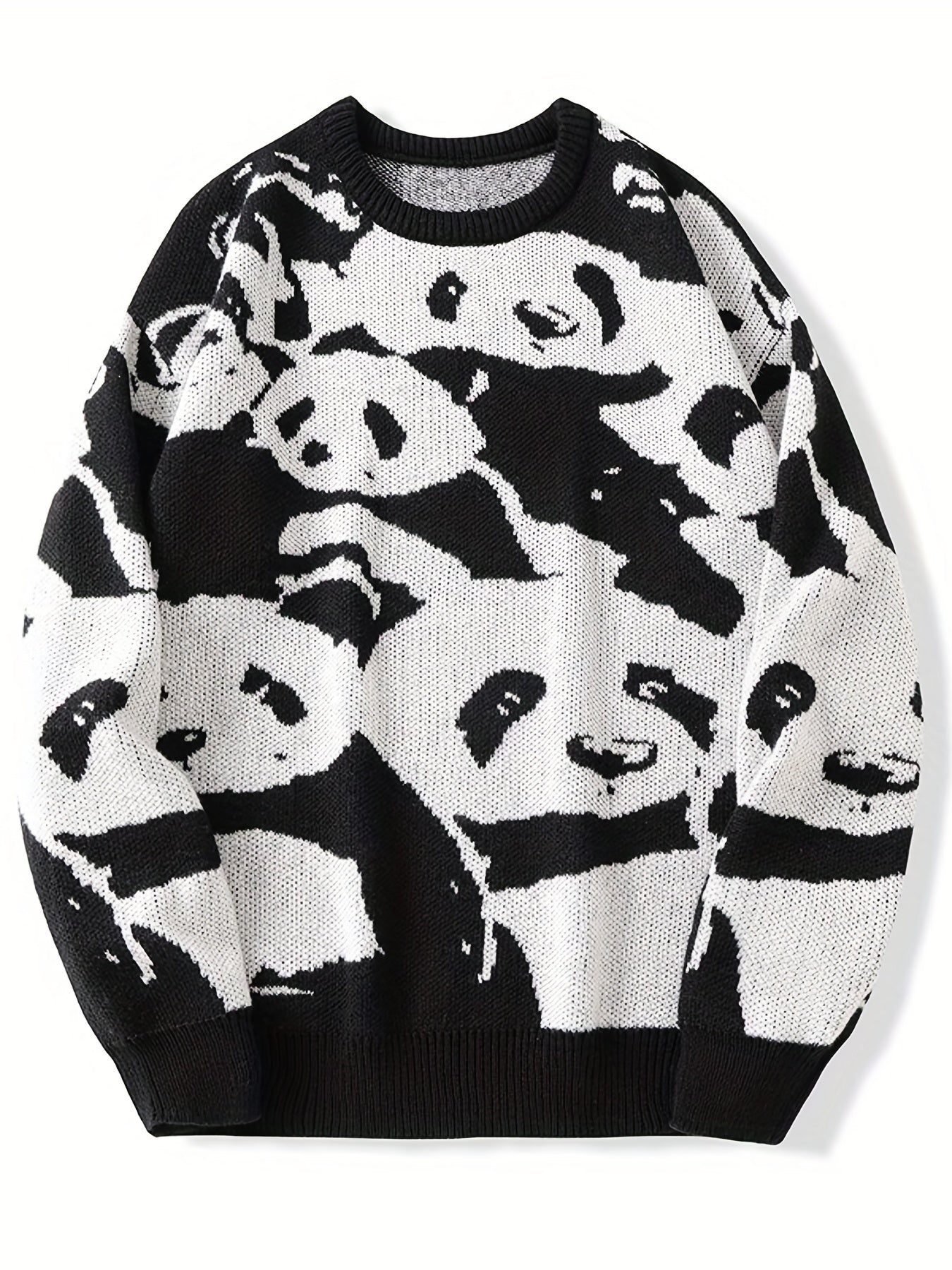 Cozy Panda Crew Neck Sweater - Novelty Cartoon Knit Pullover for Men - Warm, Slightly Stretchy, Casual Fall Winter Wear with Fun Panda Pattern