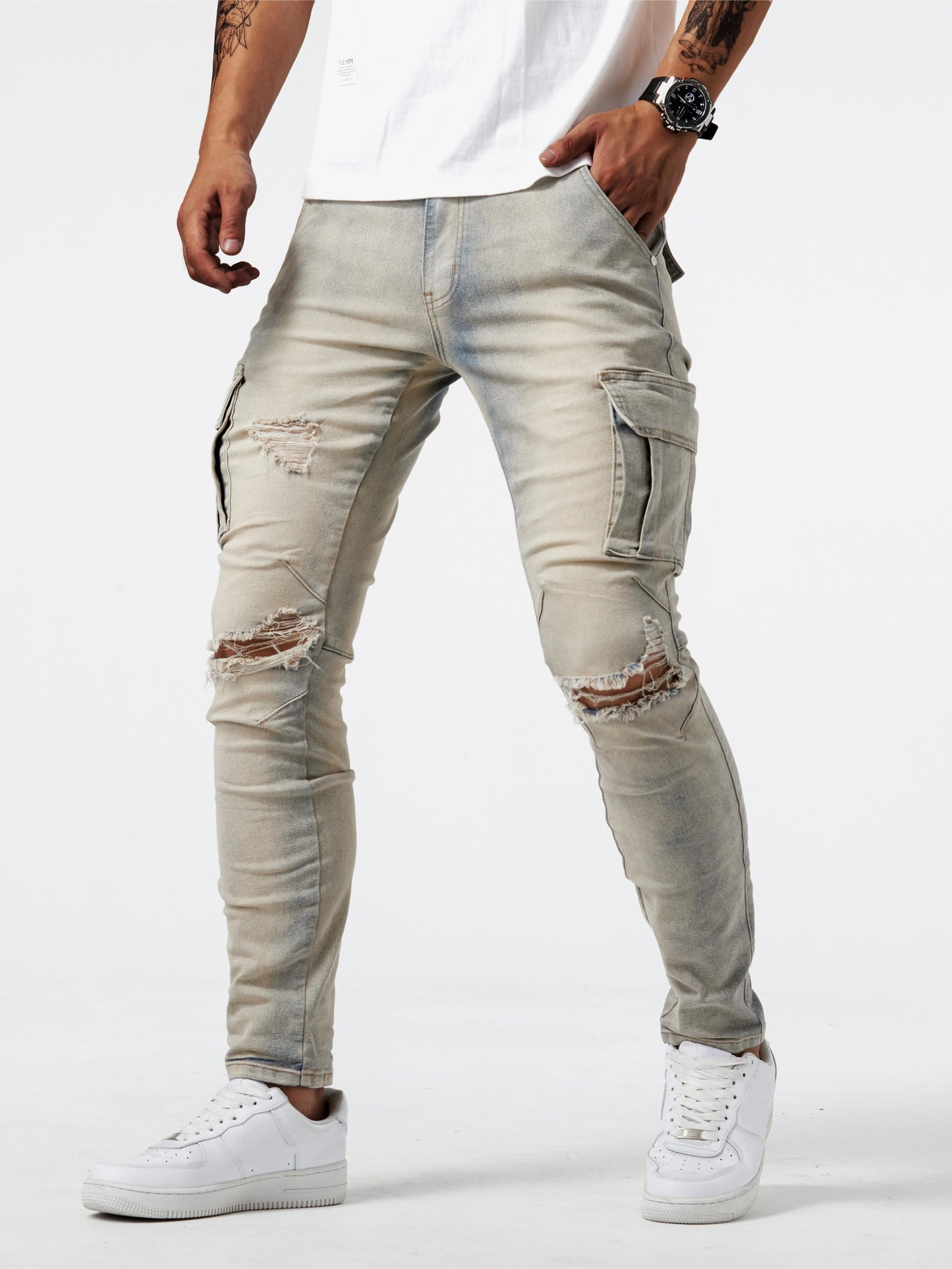 High Stretch Slim Fit Cargo Jeans - Soft, Breathable, Comfortable Denim Pants with Multi Pockets for Teen Men - Perfect for Casual Street Style, All-Season Wear