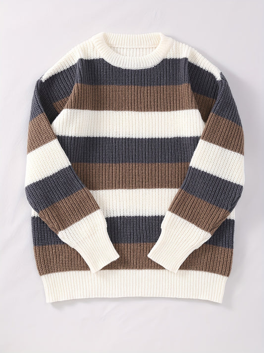 Chic Striped Knitted Sweater, Men's Casual Warm Stretch Round Neck Long Sleeve Pullover Sweater For Fall Winter