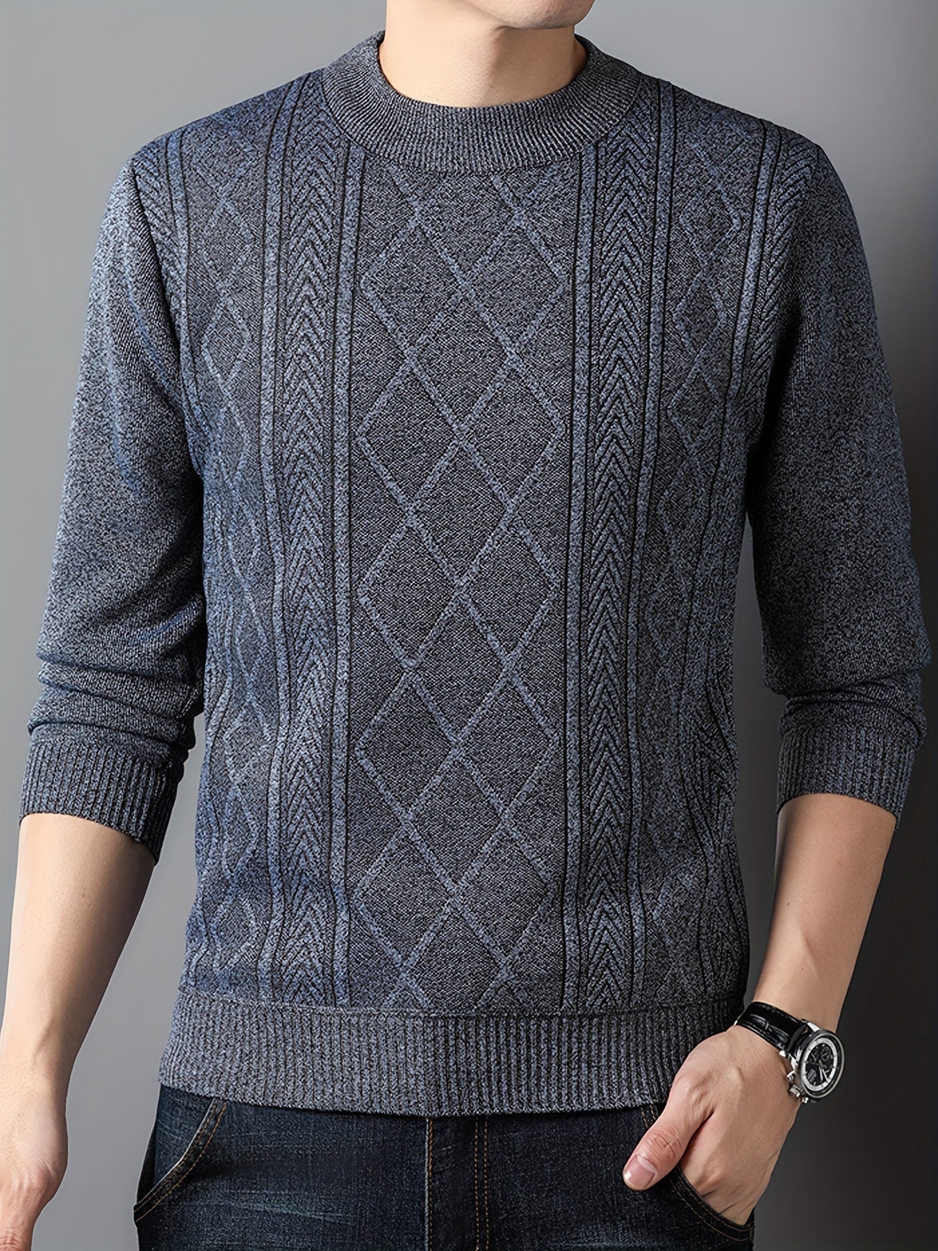 Men's Solid Knitted Pullover, Casual Long Sleeve Crew Neck Cable Knit Sweater For Fall Winter