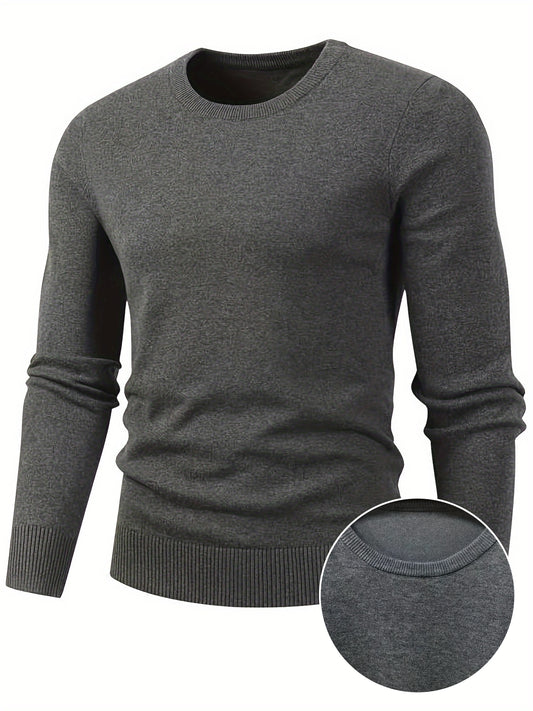 All Match Knitted Solid Sweater, Men's Casual Warm Mid Stretch Crew Neck Pullover Sweater For Men Fall Winter, Old Money Style