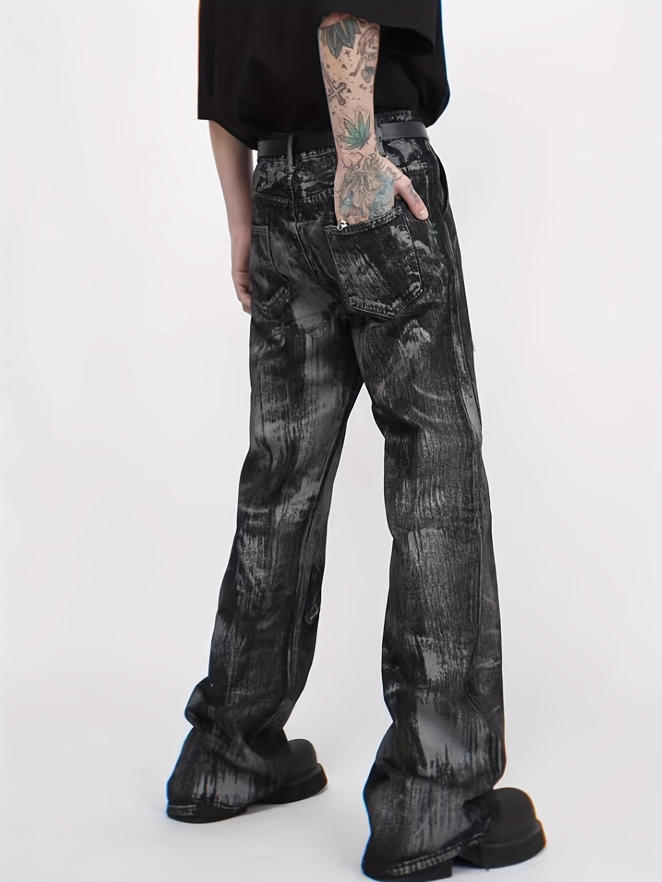 Men's Stylish Loose Fit Wide Leg Denim Pants With Distressed Design, Men's Street Style Comfy Jeans With Zippered Pockets