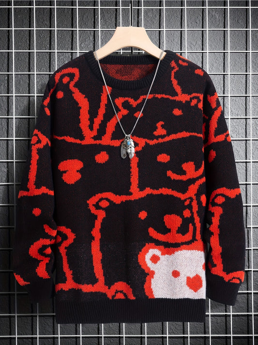 Cute Knit Animal Pattern Sweater - Soft, Warm, Slightly Stretchy Crew Neck Pullover for Men - Perfect for Fall and Winter Casual Wear, Cozy and Comfortable