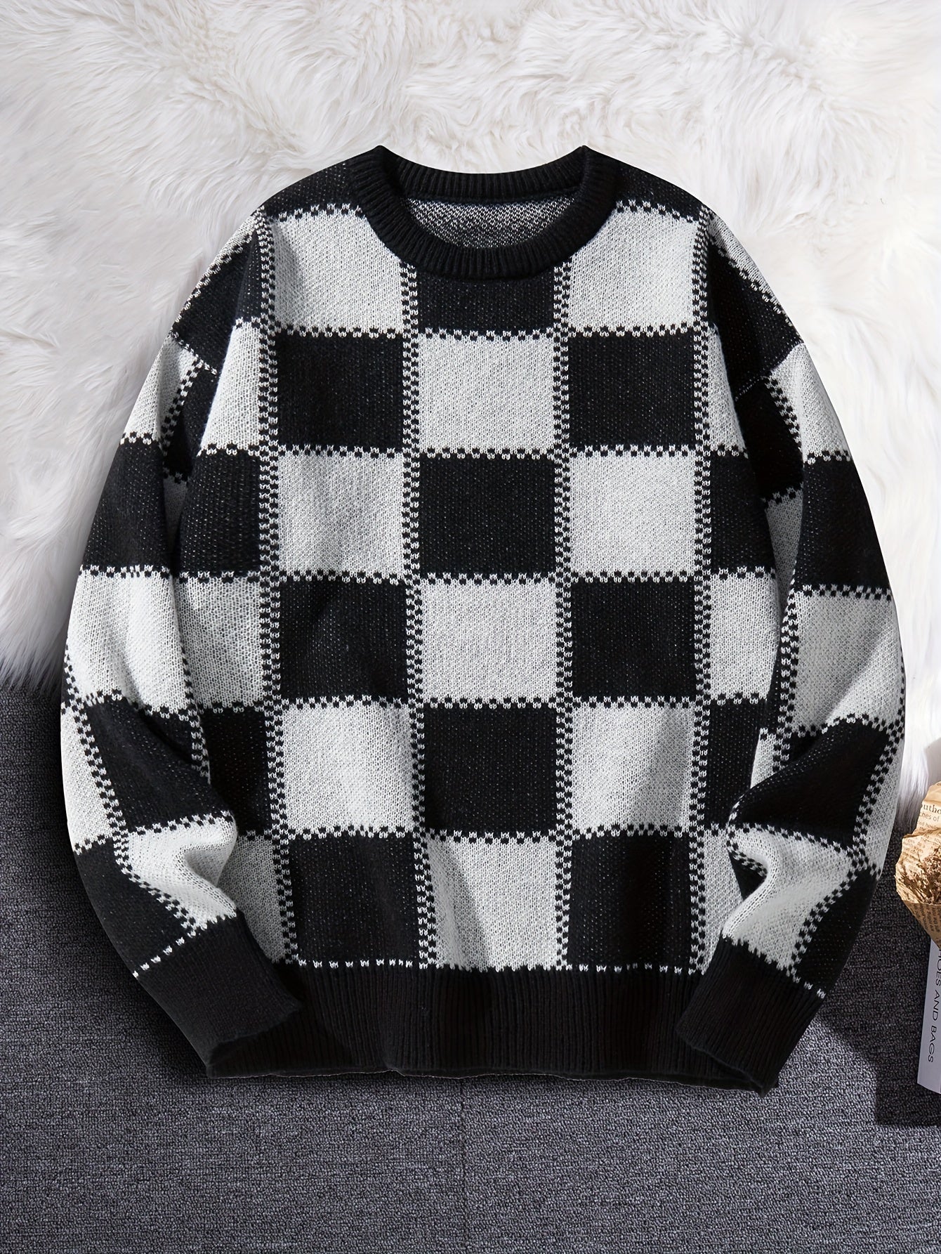 Men's Checkerboard Knitted Sweater - Warm And Stretchy Casual Pullover For Fall And Winter