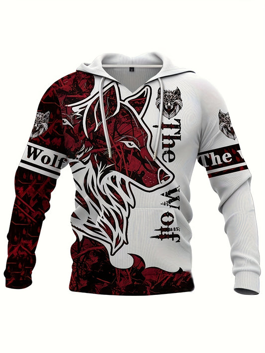 The Wolf Print Hoodie, Cool Hoodies For Men, Men's Casual Graphic Design Pullover Hooded Sweatshirt Streetwear For Winter Fall, As Gifts