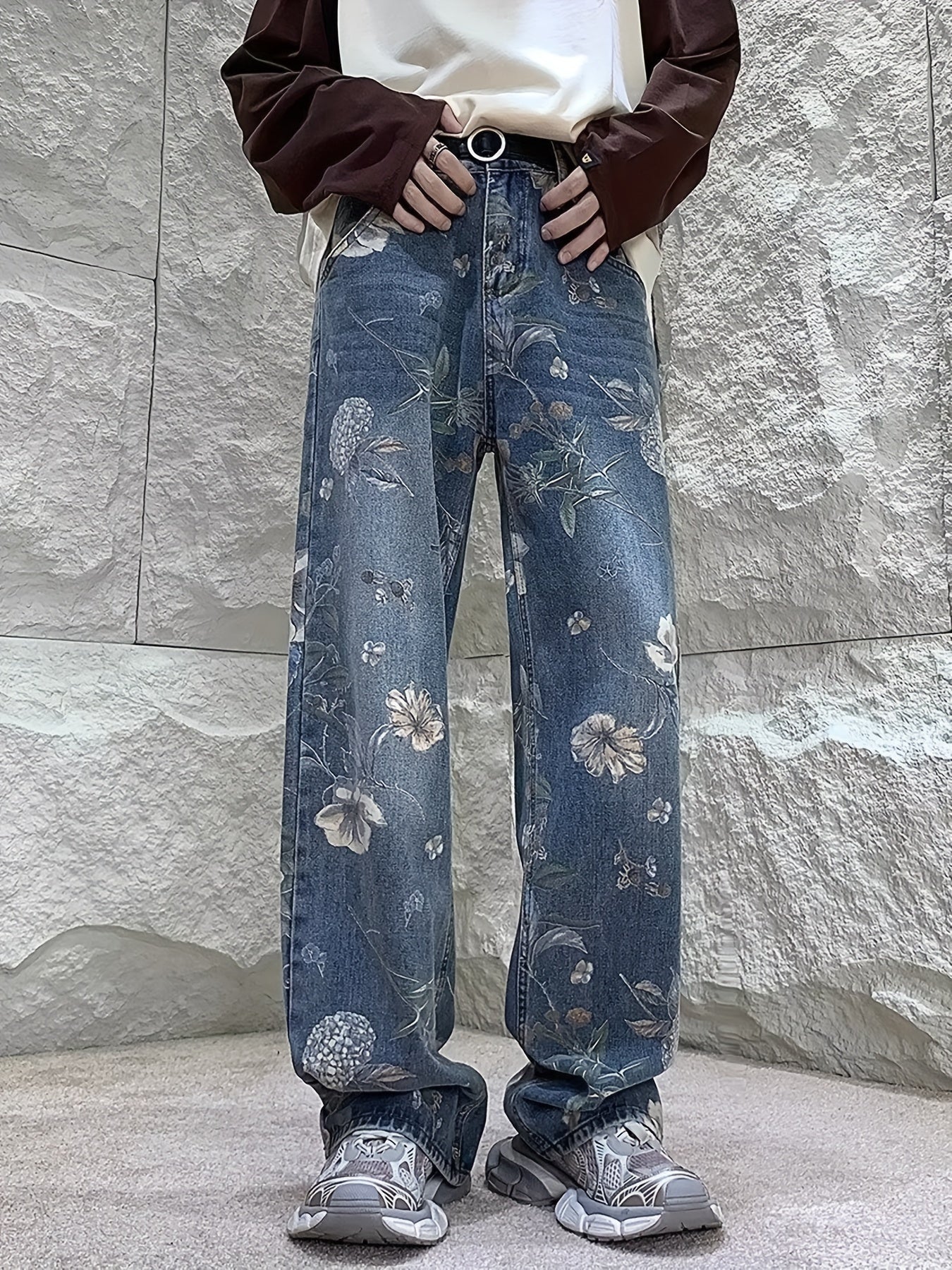 Men's Loose Floral Graphic Print Denim Pants With Pockets, Causal Cotton Blend Jeans For Outdoor Activities