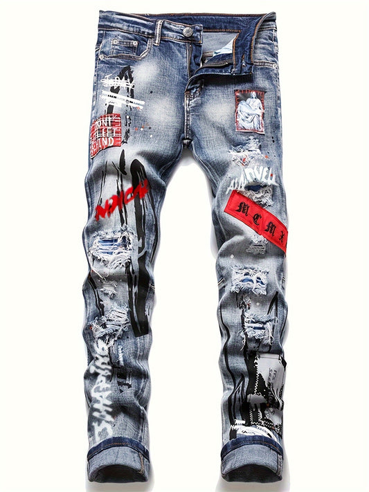 Men's Splash Print Skinny Washed Jeans, Trendy Streetwear, Straight Leg Denim Pants For Spring Autumn