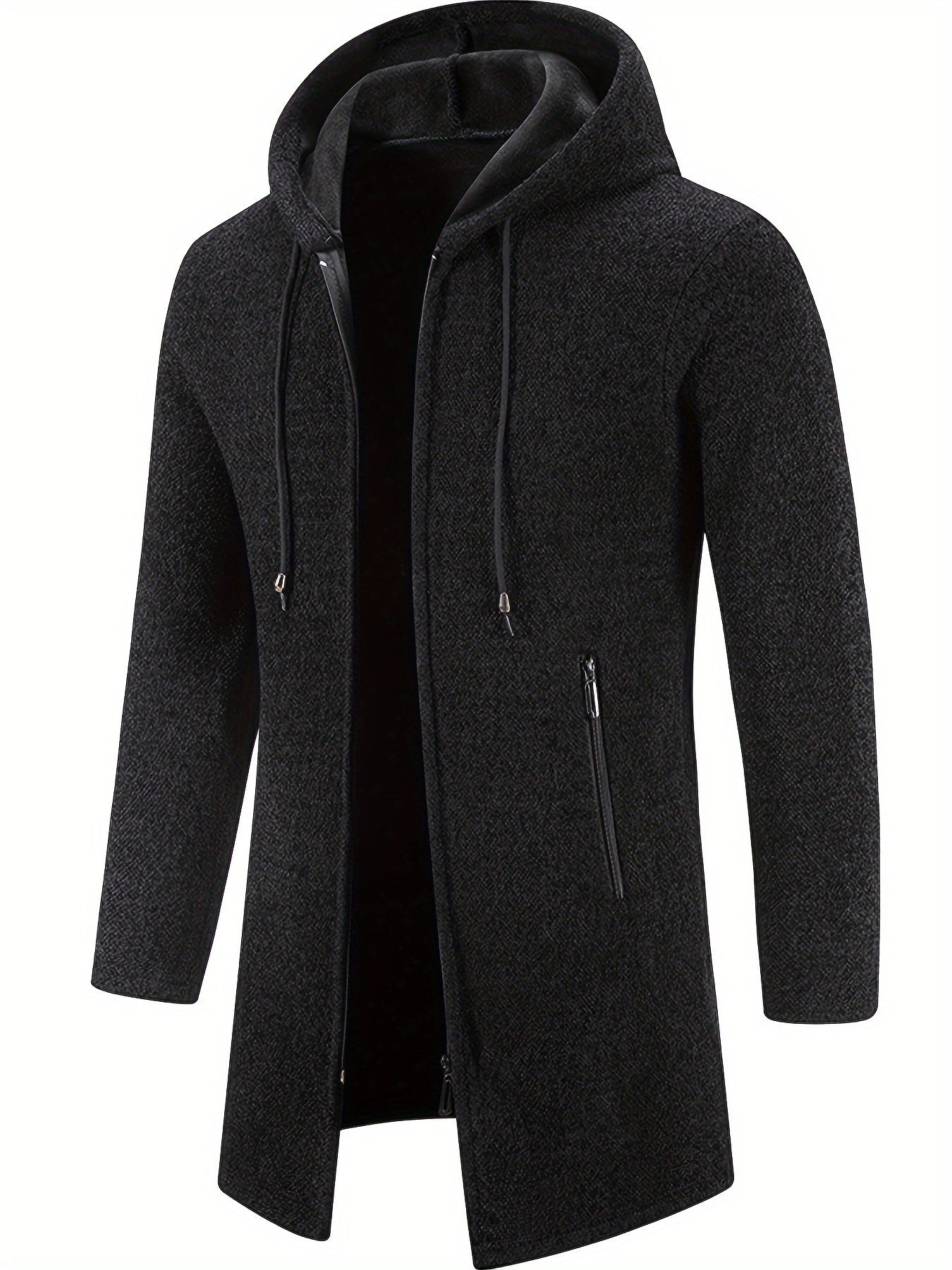 Warm Mid-length Hooded Coat, Men's Comfortable Solid Color Zip Up Knitted Cardigan For Spring Fall