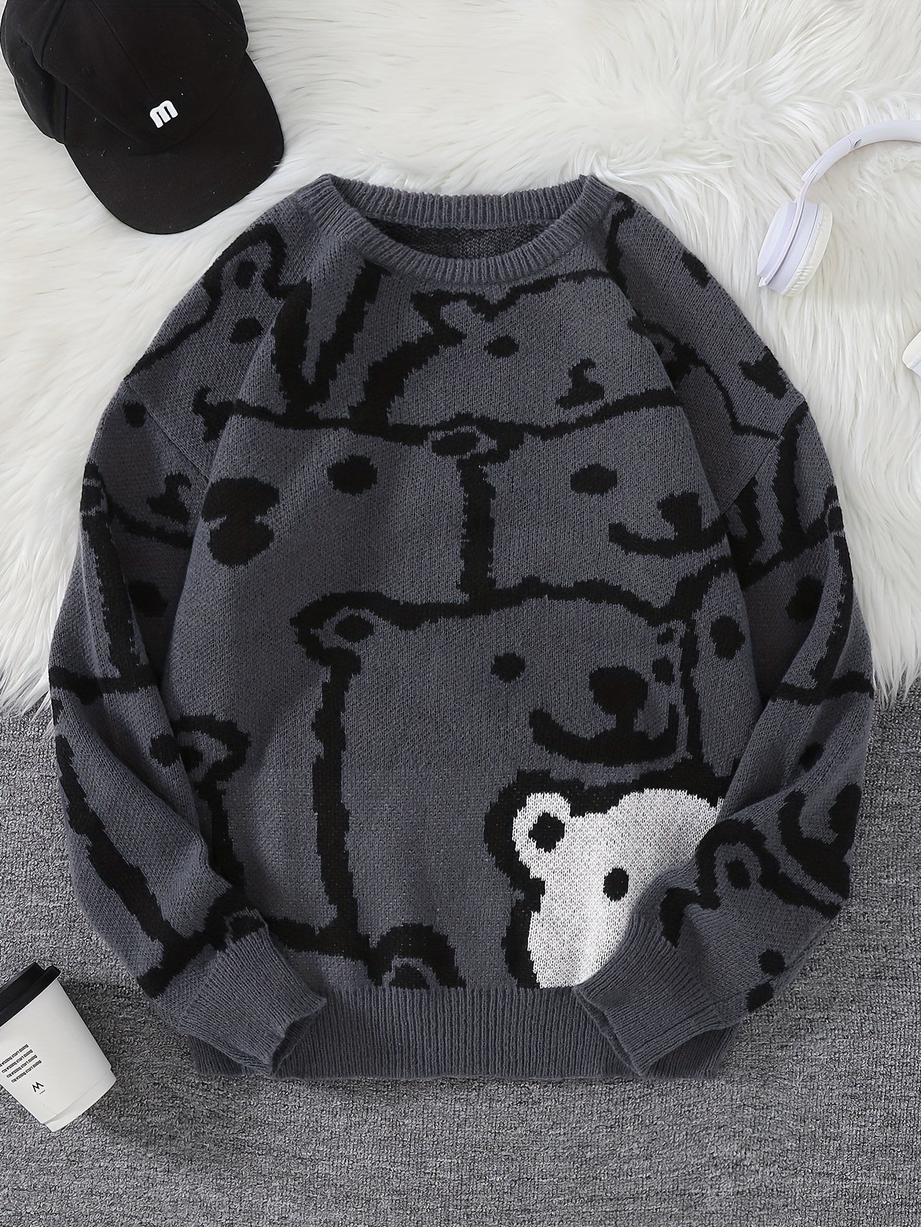 Cute Knit Animal Pattern Sweater - Soft, Warm, Slightly Stretchy Crew Neck Pullover for Men - Perfect for Fall and Winter Casual Wear, Cozy and Comfortable