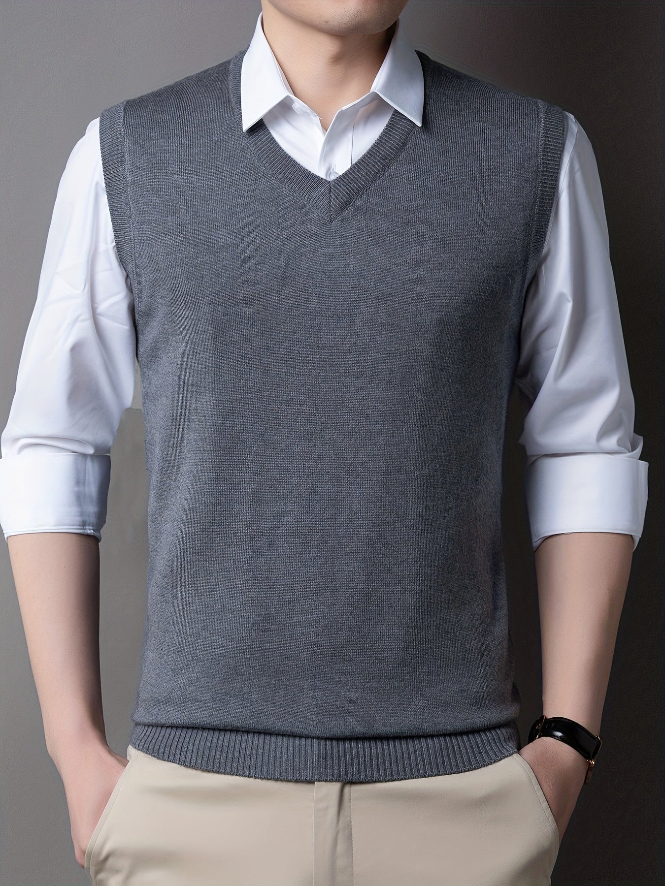 Casual Knitted Pullover, V-neck Sleeveless Thermal Jacket, Wool Vest, Men's Tank Top For Autumn And Winter