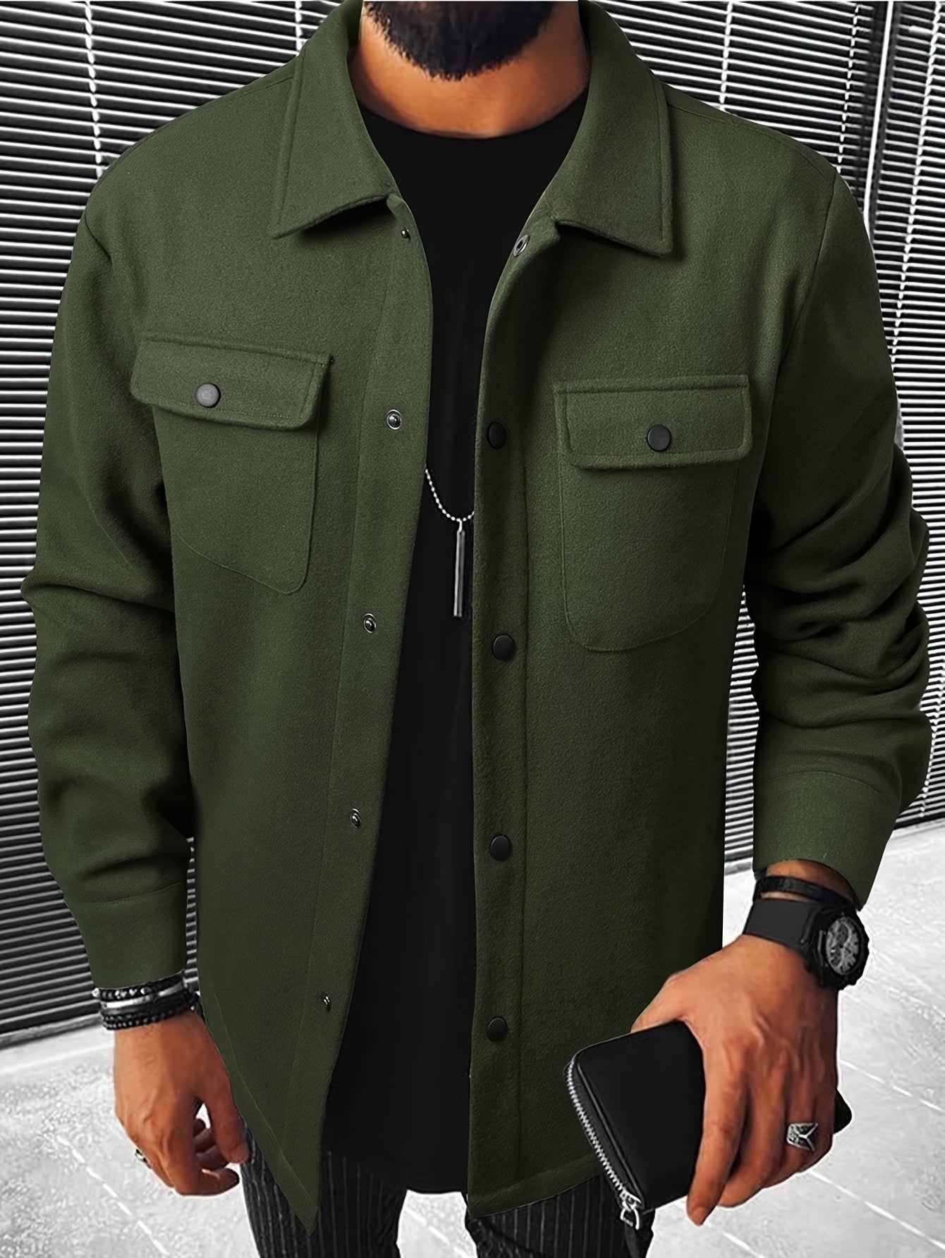 Men's Casual Flap Pocket Jacket, Chic Button Up Mature Coat For Fall Winter