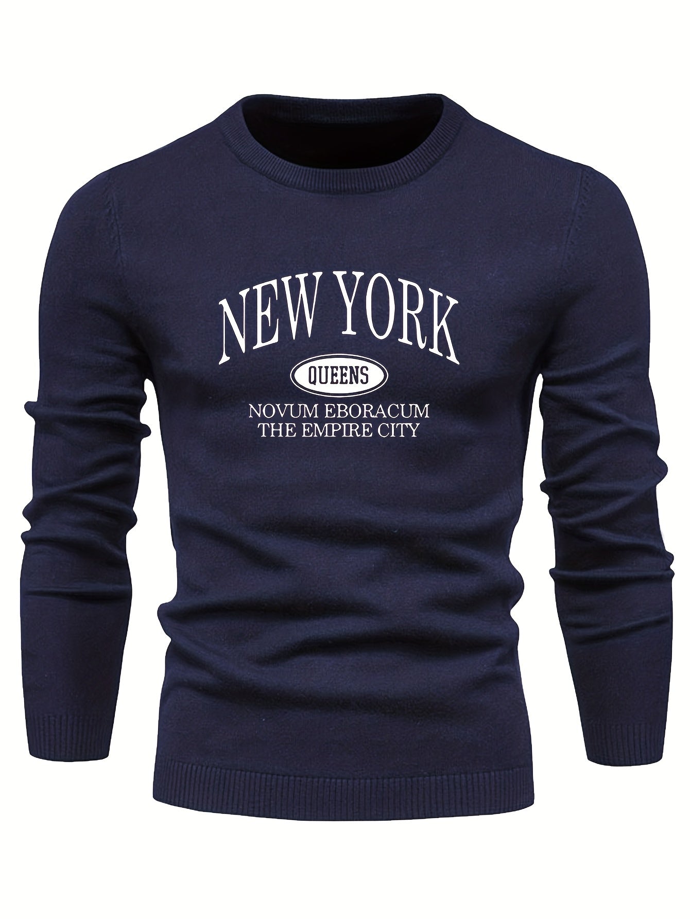 NEW YORK Print All Match Knitted Sweater, Men's Casual Warm Mid Stretch Crew Neck Pullover Sweater For Men Fall Winter