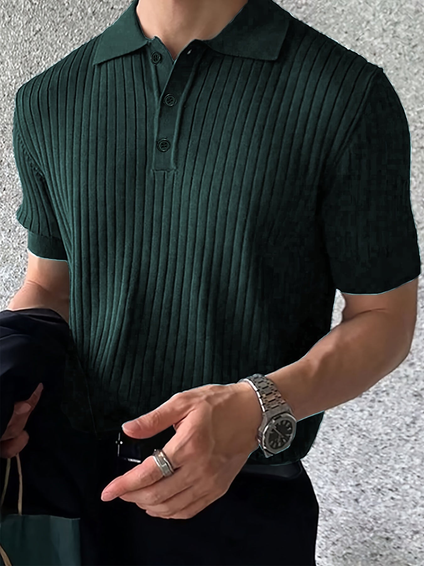 Men's Ribbed And Knit Short Sleeve Lapel Collar Shirt, Solid Slim Fit Classic Top For Summer Business And Casual Outwear