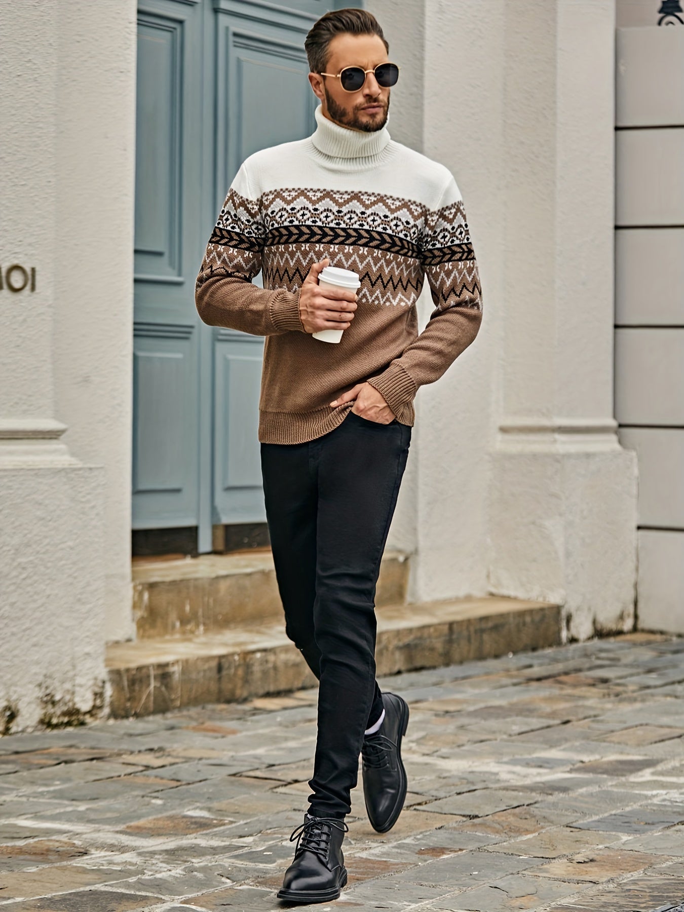 Retro Turtle Neck Knitted Slim Sweater, Men's Casual Warm Slightly Stretch Pullover Sweater For Fall Winter