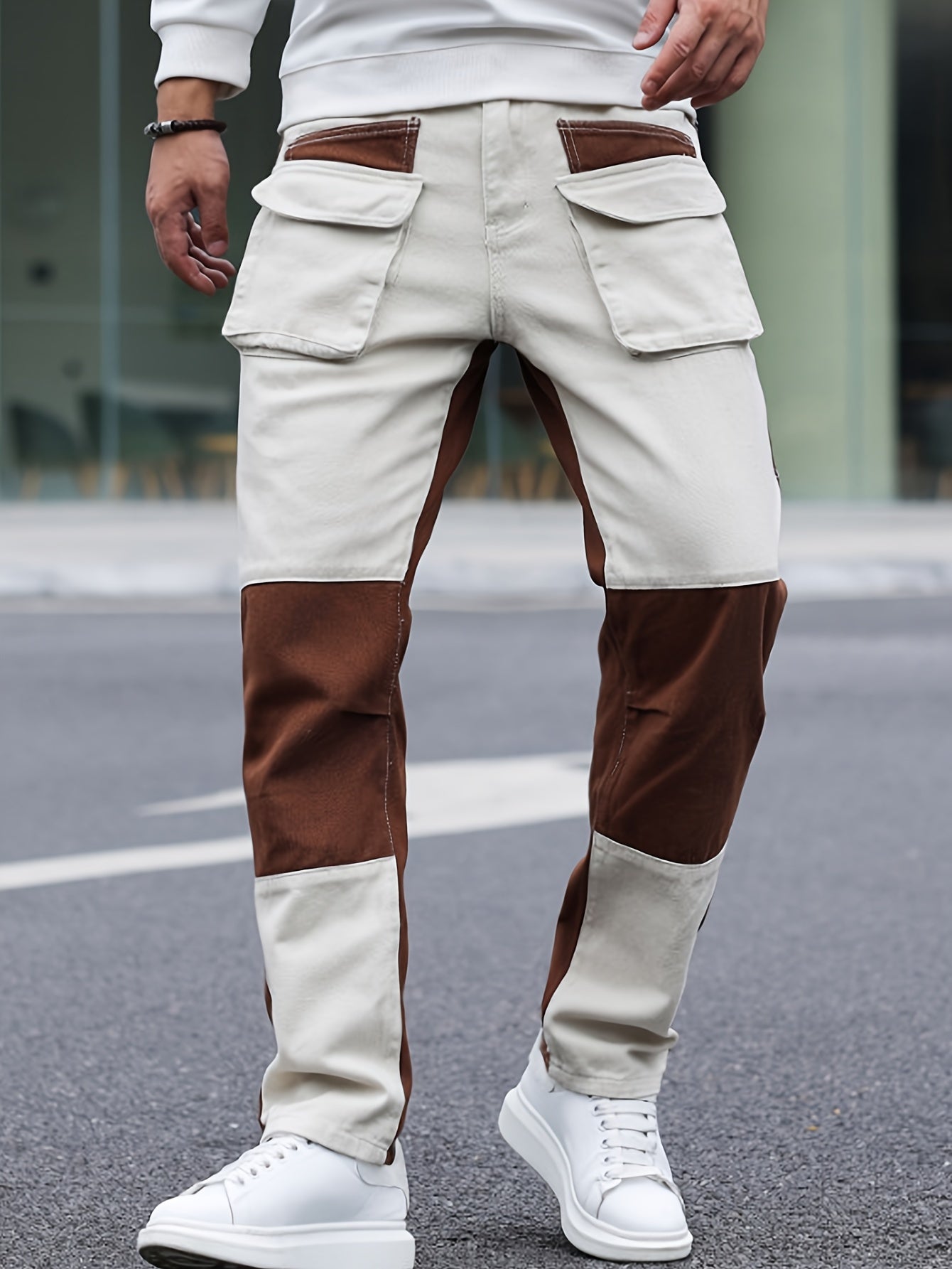 Men's Straight Leg Color Block Jeans, Fashion Multi-Pocket Denim Pants For Men, Four-Season Wear