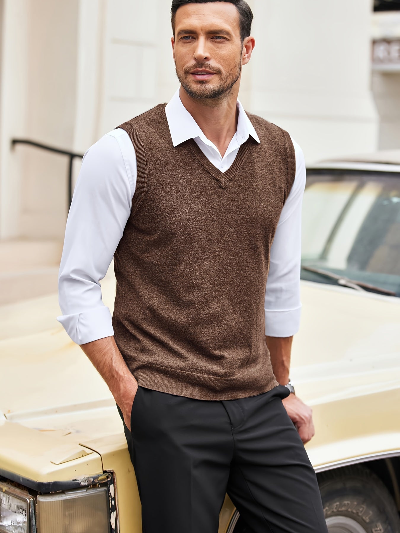 Classic Design Men's Solid Knit V-neck Sleeveless Sweater Vest, Chic And Trendy For Spring And Autumn Daily Leisurewear