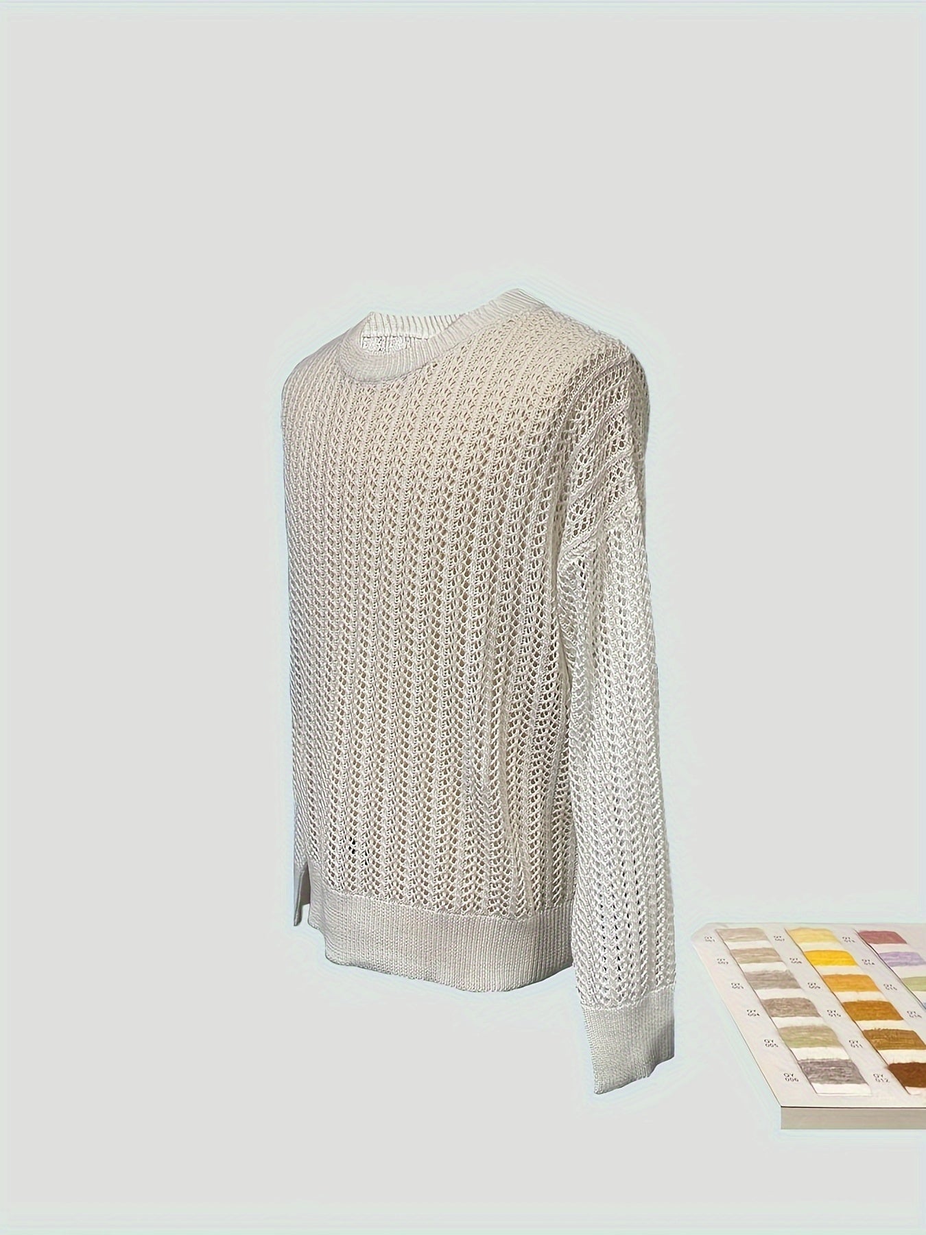 Long Sleeve Men's Solid Knit Shirt with Chic Crew Neck and Hollow Pieces for Spring and Autumn Leisurewear