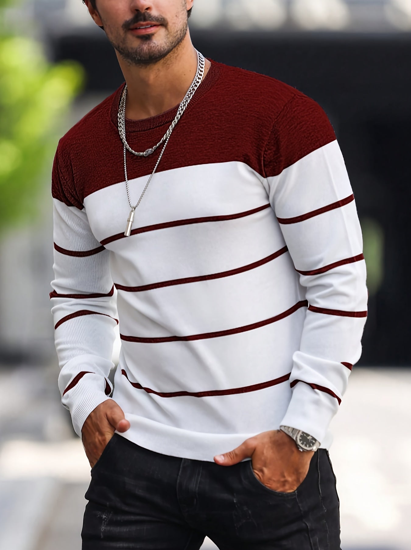 Men's Striped Knitted Pullover, Casual Long Sleeve Crew Neck Sweater For Fall Spring