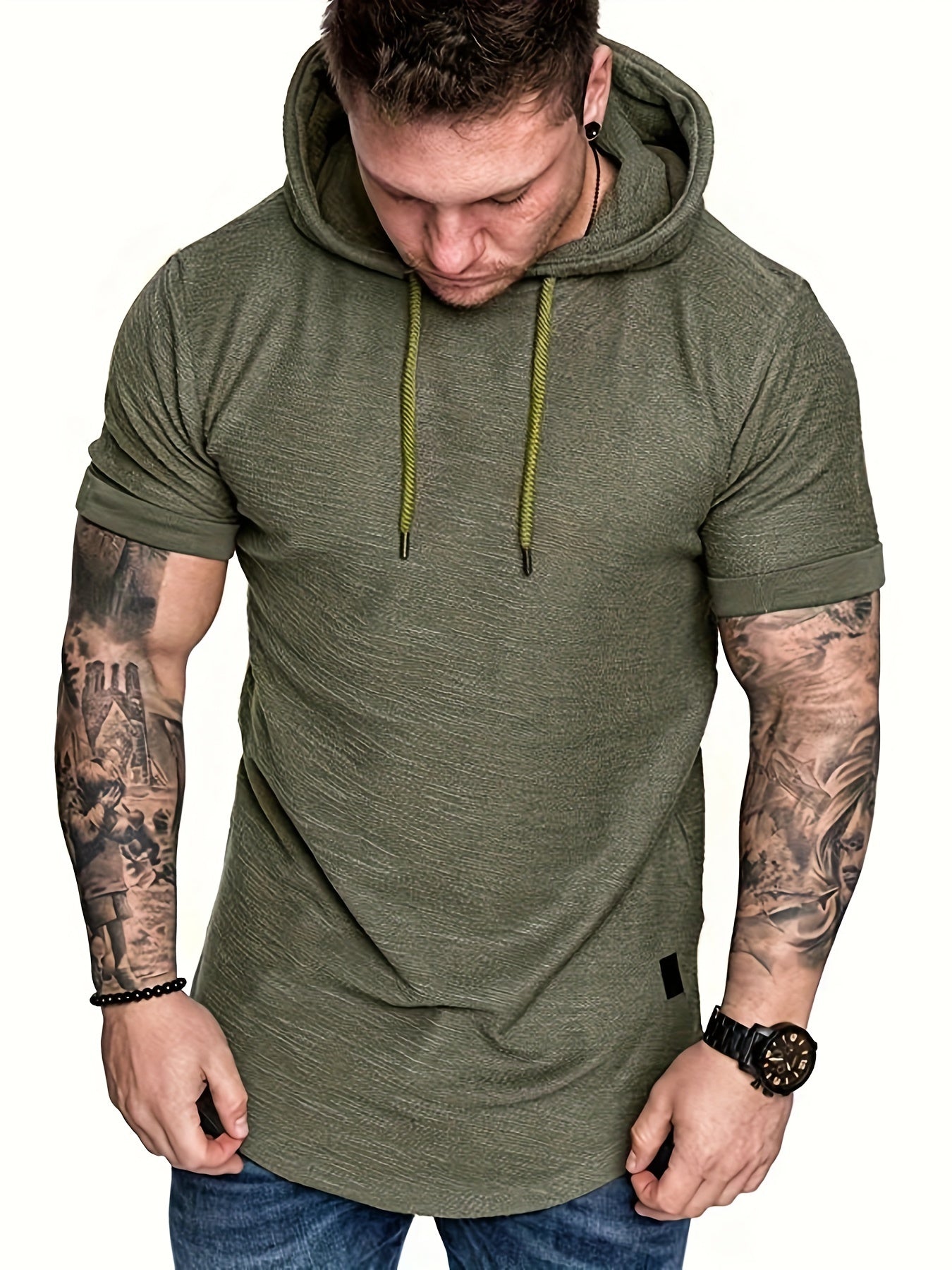 Comfort-Fit Men's Short Sleeve Hoodie - Breathable Knit, Solid Color, Durable & Easy-Care Sports T-shirt