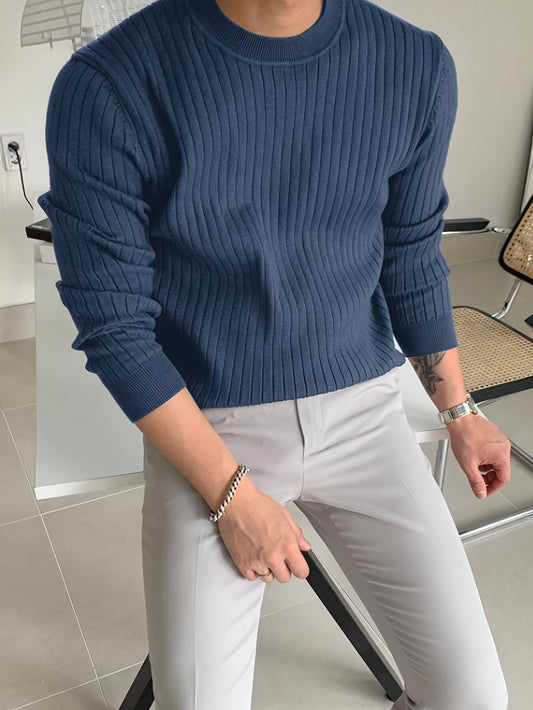 Cozy Crew Neck Long Sleeve Knit Sweater - Men's Fashion Casual Ribbed Pullover Tops for Spring and Fall - Soft, Breathable, Regular Fit, Versatile Wear