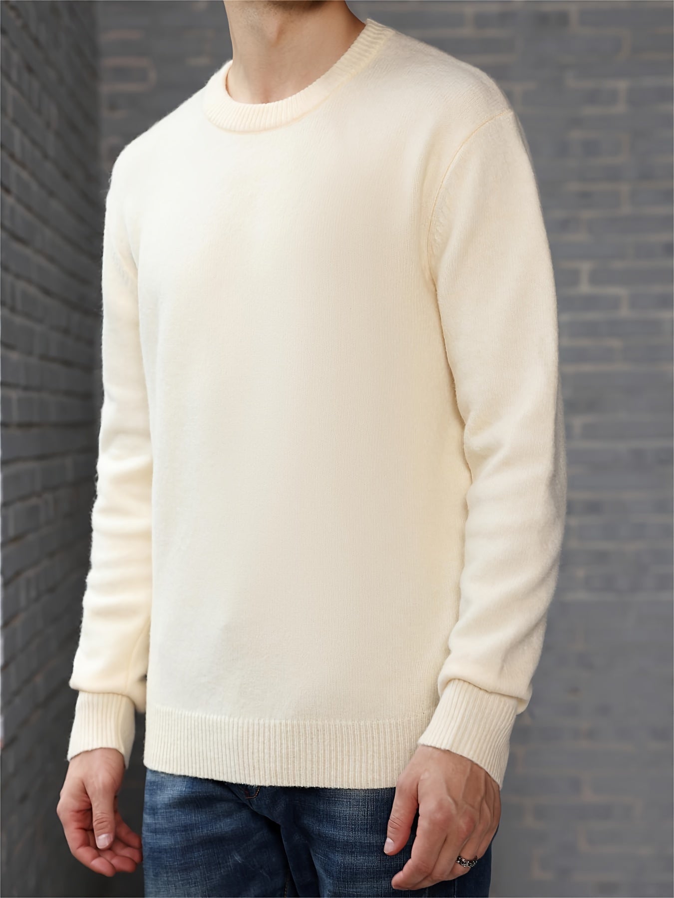 Men's Stylish Solid Knitted Pullover, Casual High Stretch Breathable Long Sleeve Crew Neck Top For City Walk Street Hanging Outdoor Activities