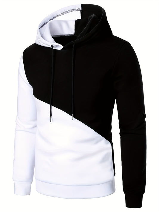 Stylish Men's Color-Block Hoodie – Warm Polyester Knit Pullover with Hood for Winter, Machine-Washable