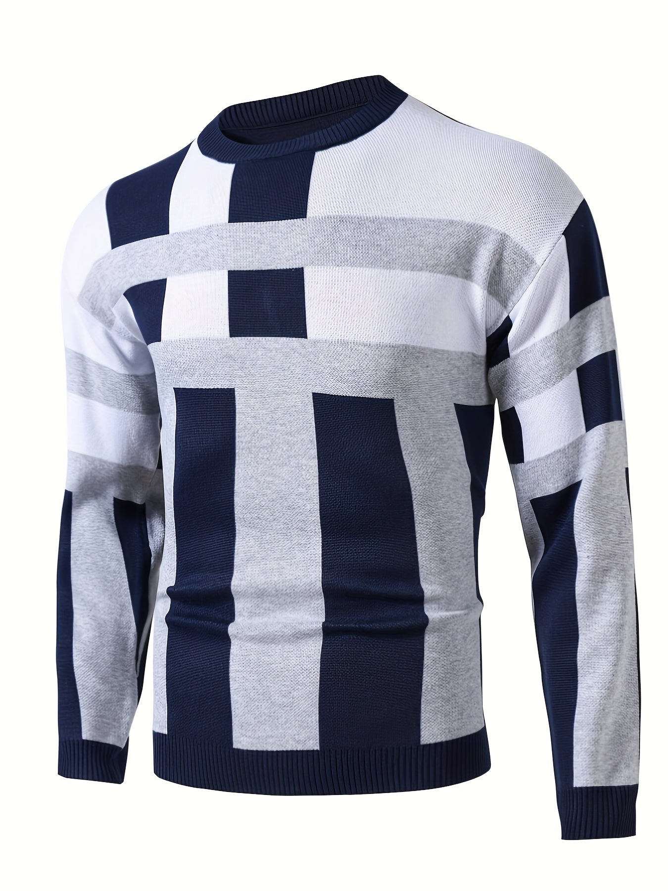 Men's Color Block Round Neck Sweater, Trendy Stretch Warm Pullover For Winter Outdoor